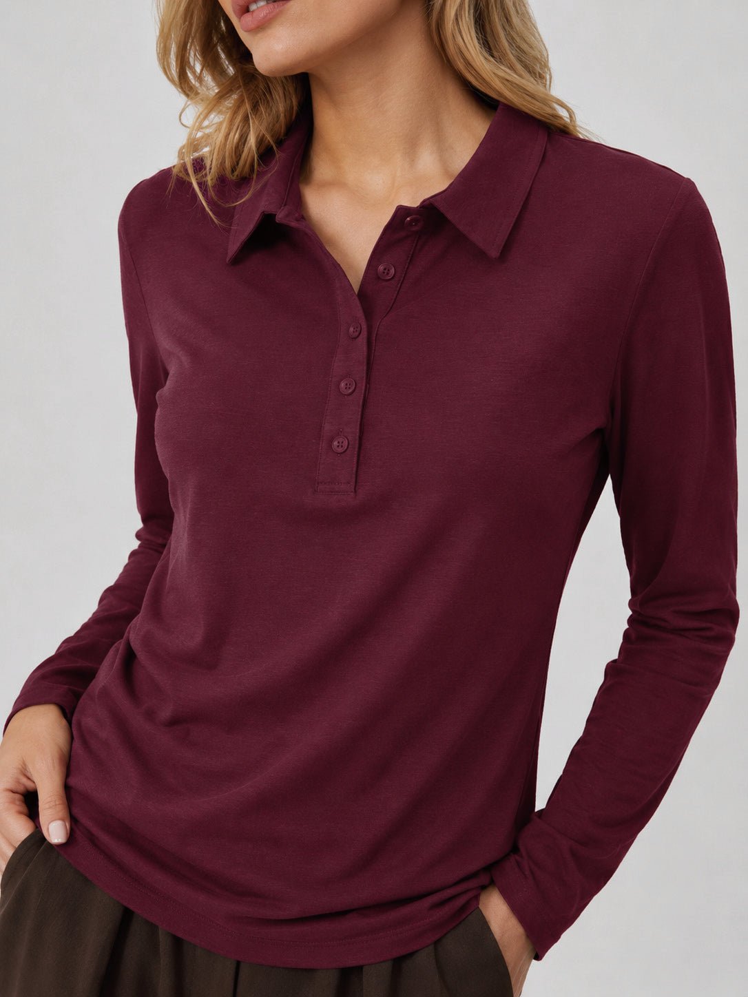 YUCOLEN Women's Long Sleeve Golf Shirt Breathable Cotton Blend 5-Button Top in Wine Red