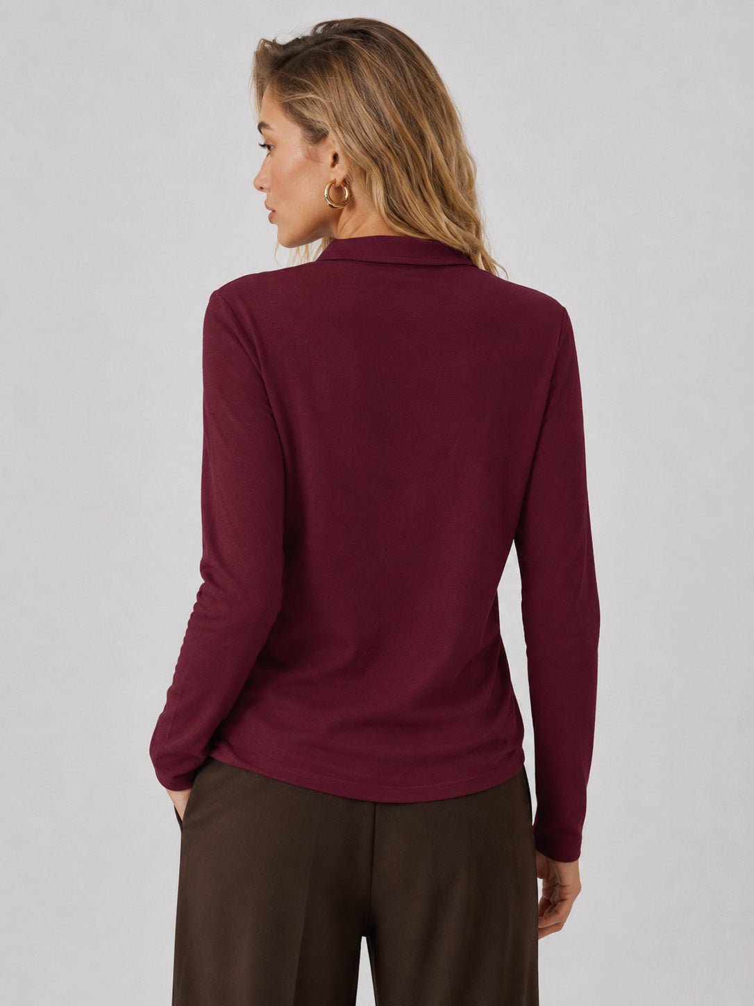 YUCOLEN Women's Long Sleeve Golf Shirt Breathable Cotton Blend 5-Button Top in Wine Red