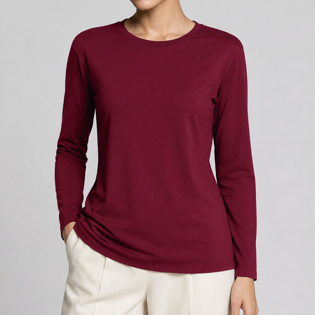 YUCOLEN Women's Long Sleeve Tri-blend Shirt Soft Breathable Loose Fit Crew Neck Tee in Wine Red