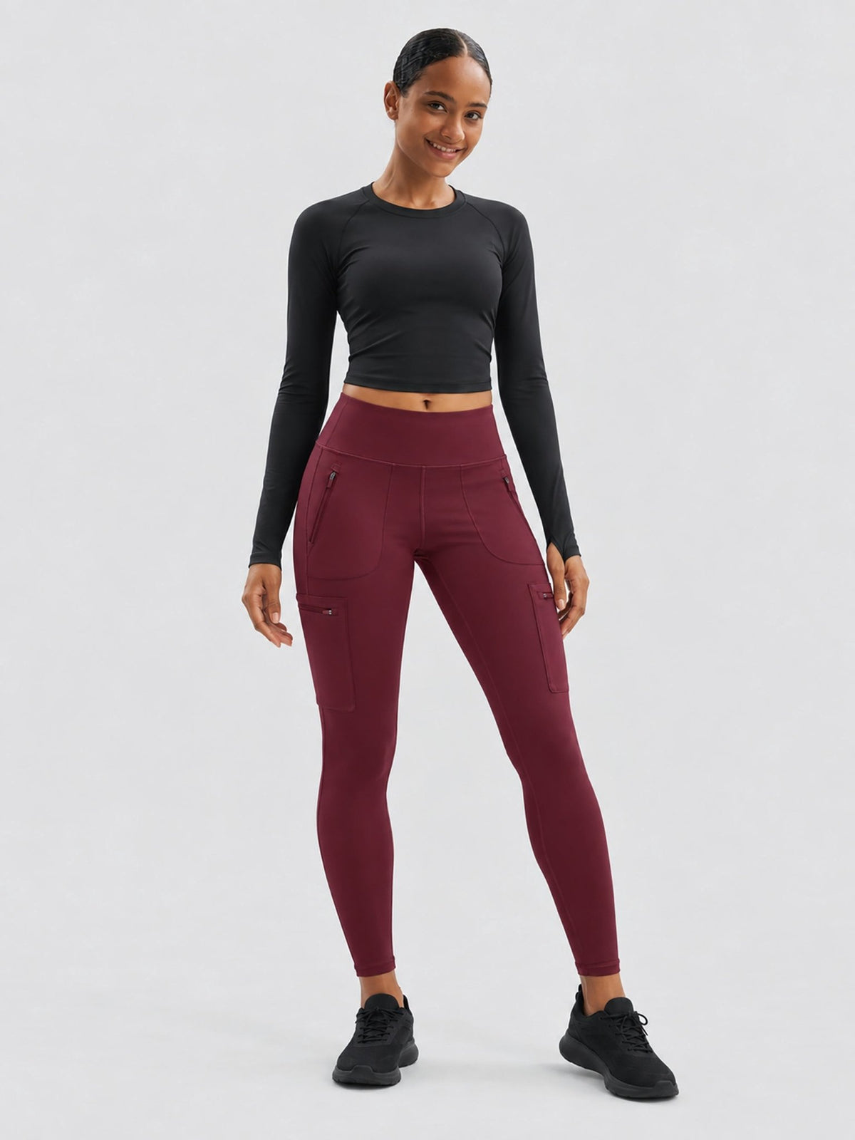 YUCOLEN Women's Outdoor Stretch Leggings with High Waist and Pockets in Wine Red