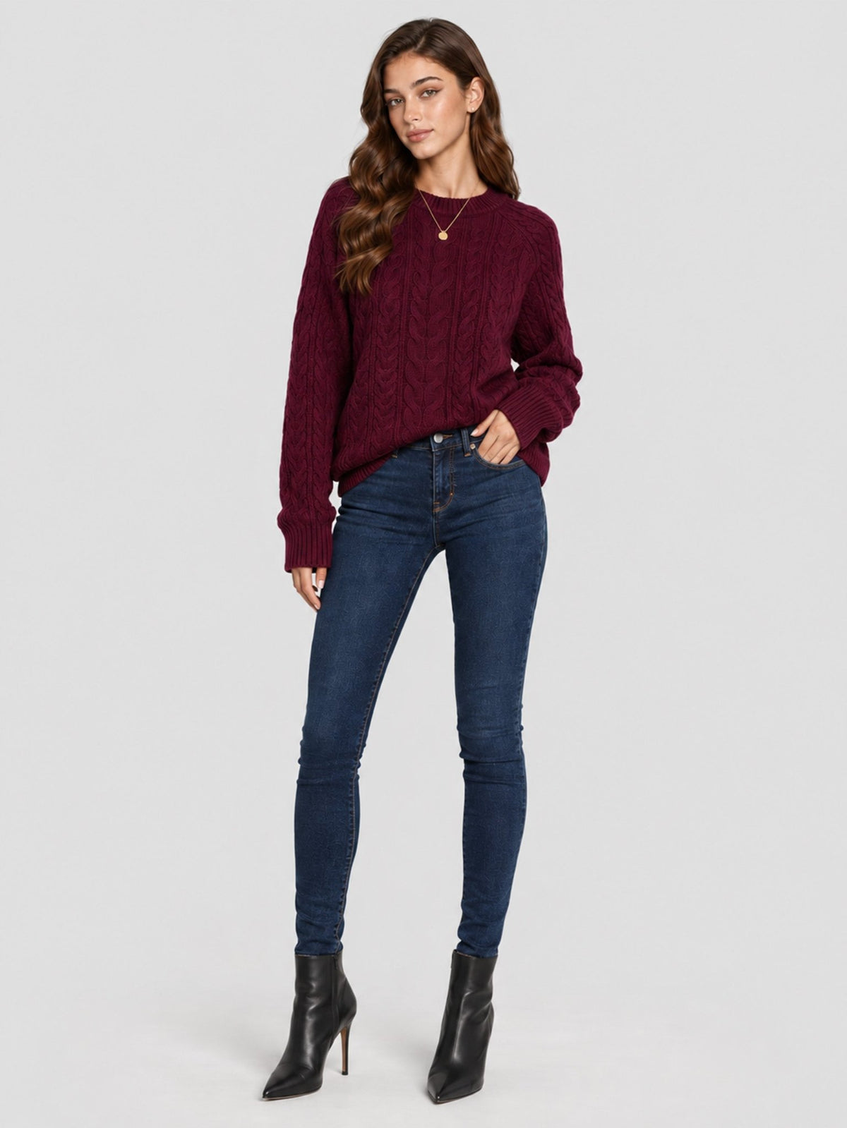 YUCOLEN Women's Oversized Cable Knit Sweater Soft Chunky Crew Neck Pullover Top in Wine Red