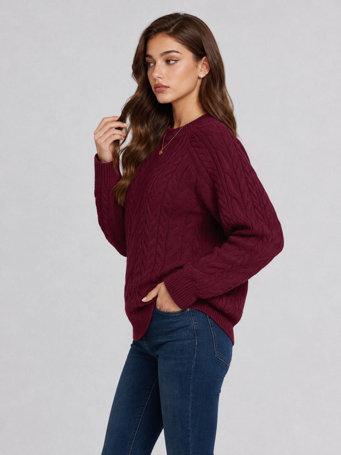 YUCOLEN Women's Oversized Cable Knit Sweater Soft Chunky Crew Neck Pullover Top in Wine Red