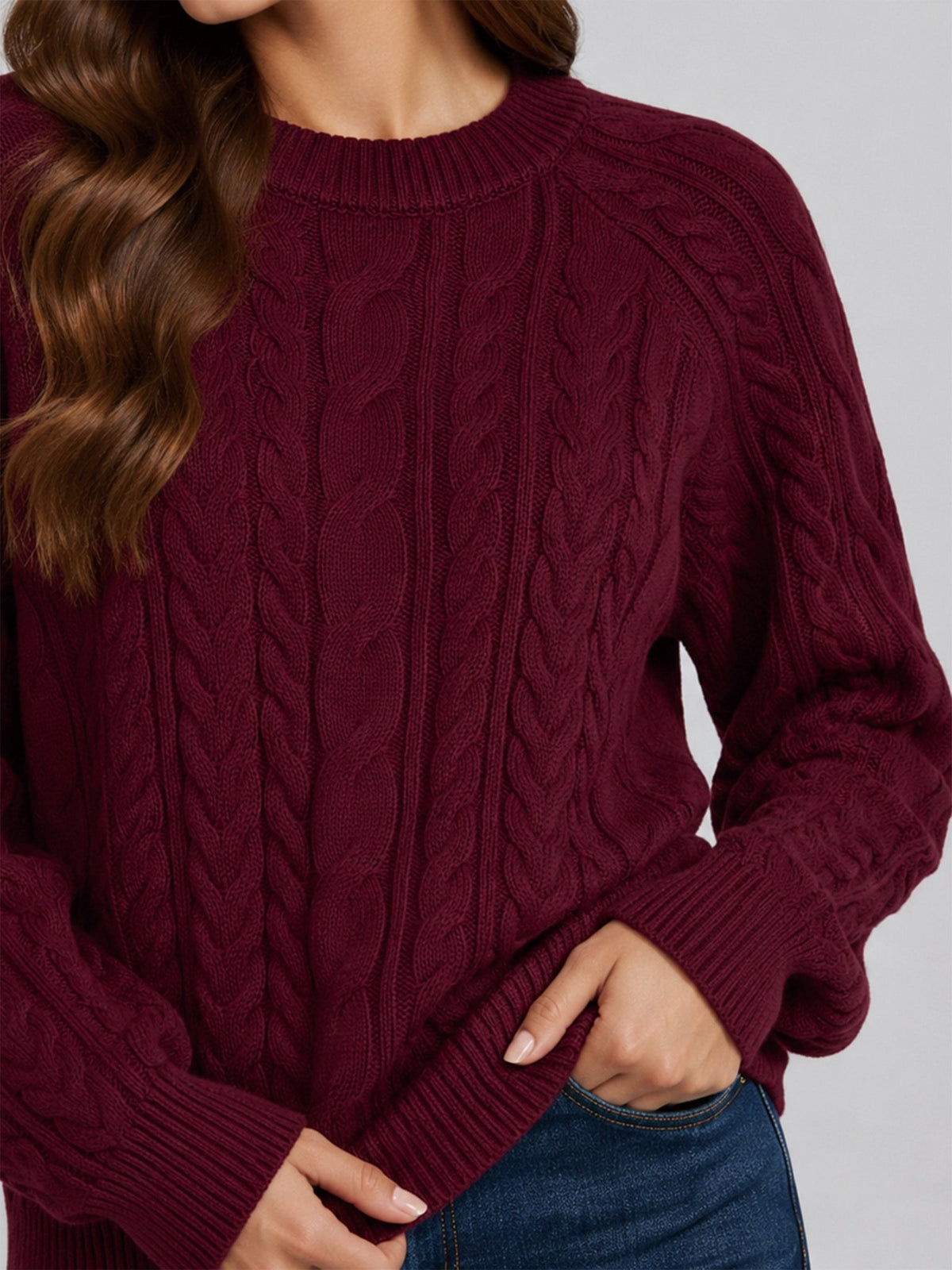 YUCOLEN Women's Oversized Cable Knit Sweater Soft Chunky Crew Neck Pullover Top in Wine Red