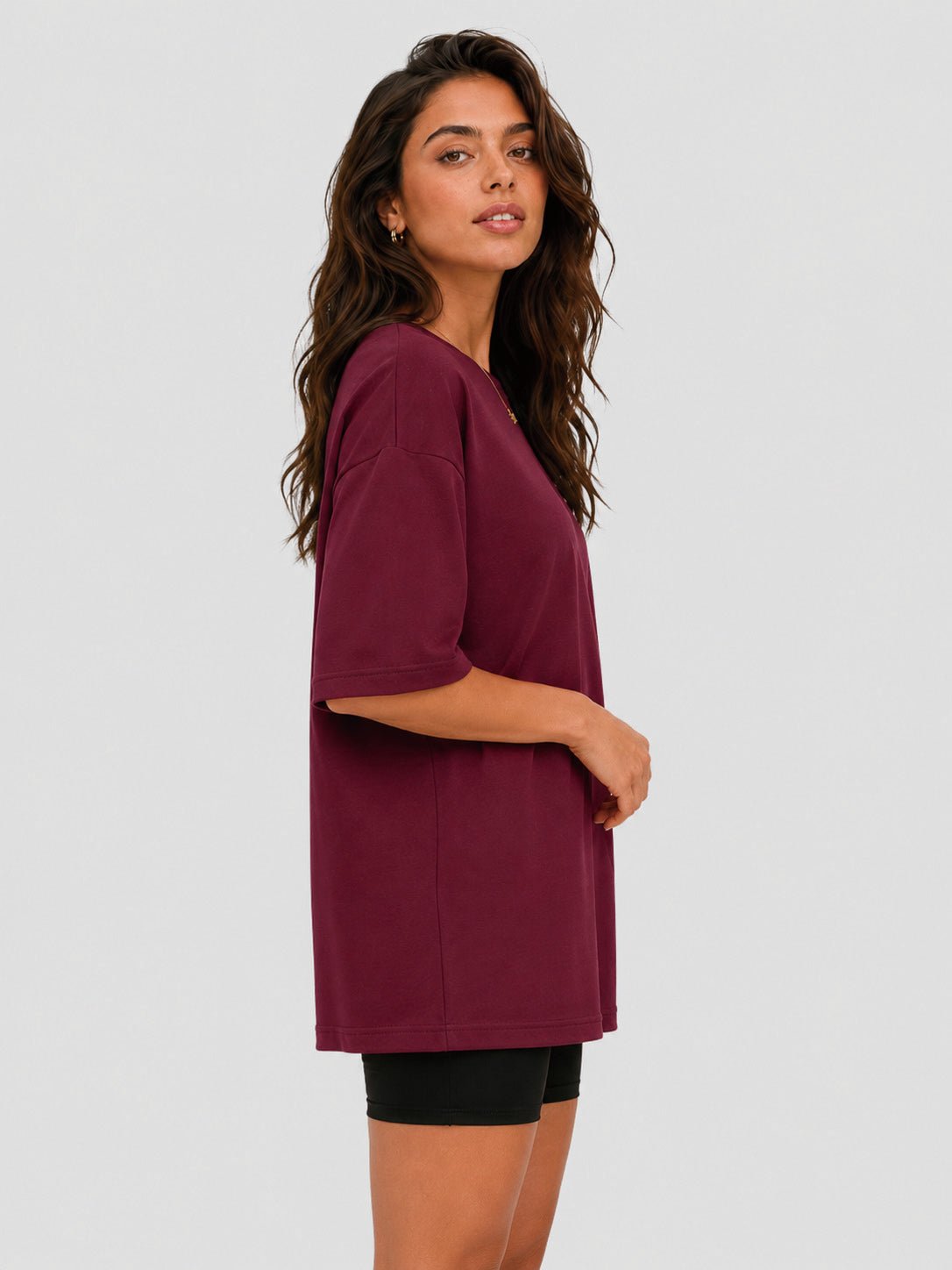 YUCOLEN Women's Oversized Cotton Blend T-Shirt Loose Fit Drop Shoulder Crewneck Tee in Wine red