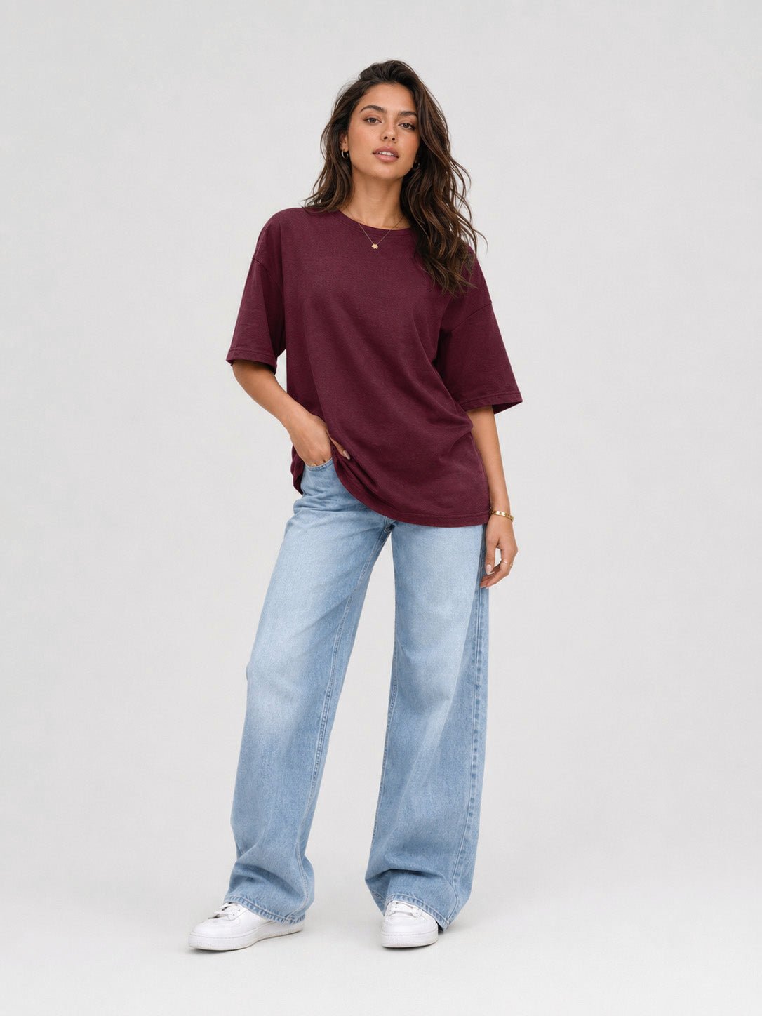 YUCOLEN Women's Oversized Cotton Blend T-Shirt Loose Fit Drop Shoulder Crewneck Tee in Wine red