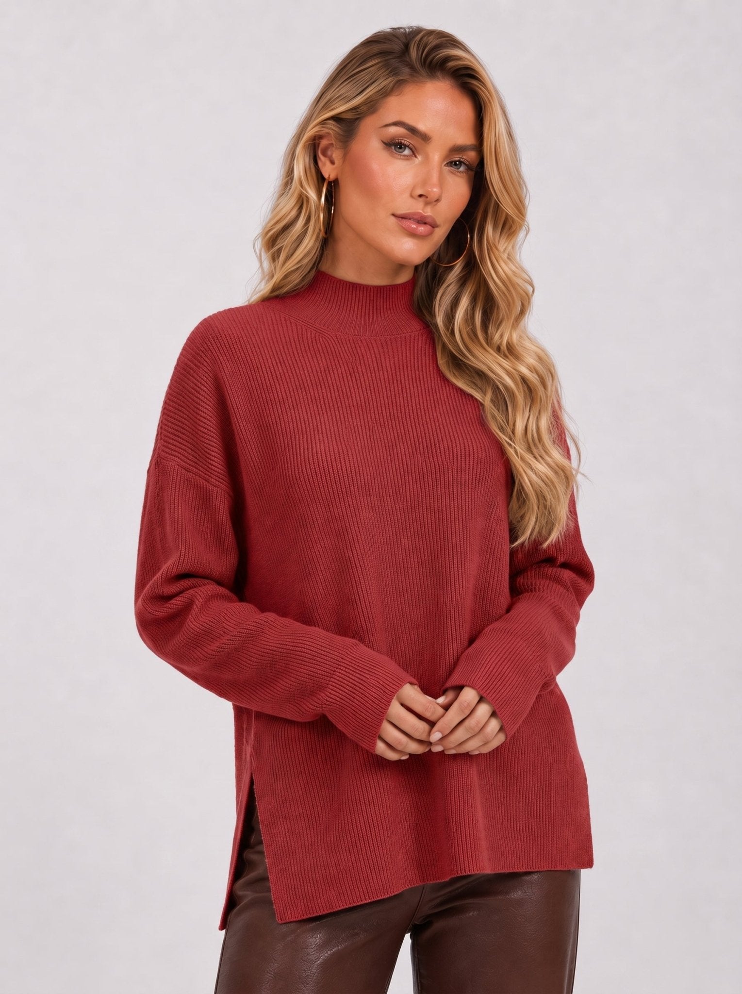 YUCOLEN Women's Oversized Ribbed Knit Turtleneck Pullover with Side Slit in Wine Red