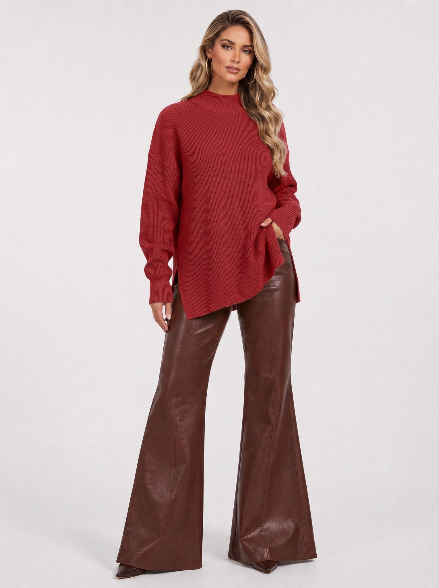 YUCOLEN Women's Oversized Ribbed Knit Turtleneck Pullover with Side Slit in Wine Red