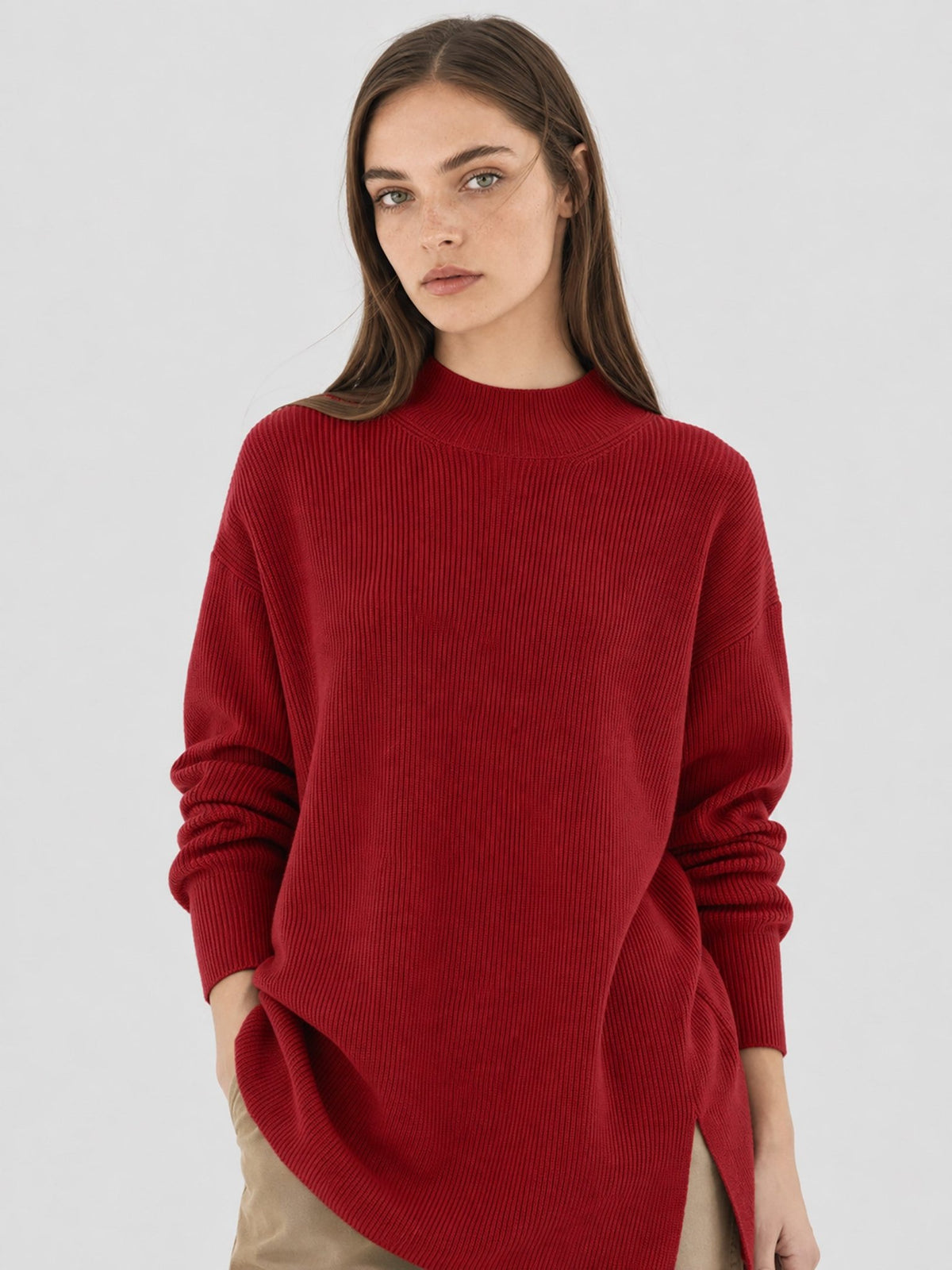 YUCOLEN Women's Oversized Ribbed Knit Turtleneck Pullover with Side Slit in Wine Red