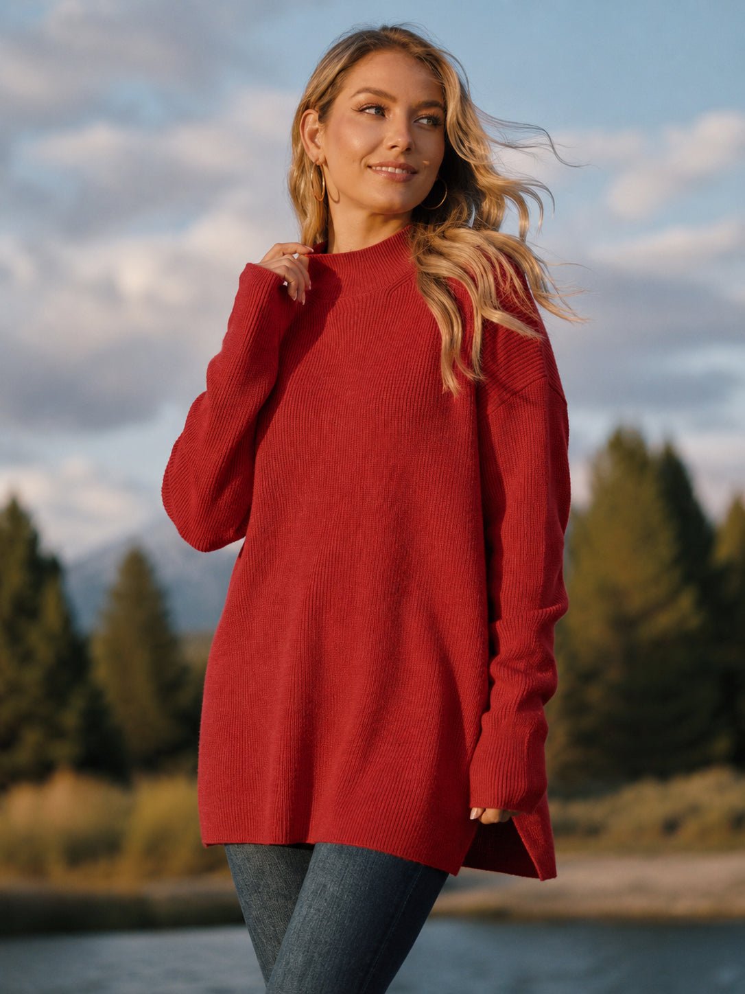 YUCOLEN Women's Oversized Ribbed Knit Turtleneck Pullover with Side Slit in Wine Red