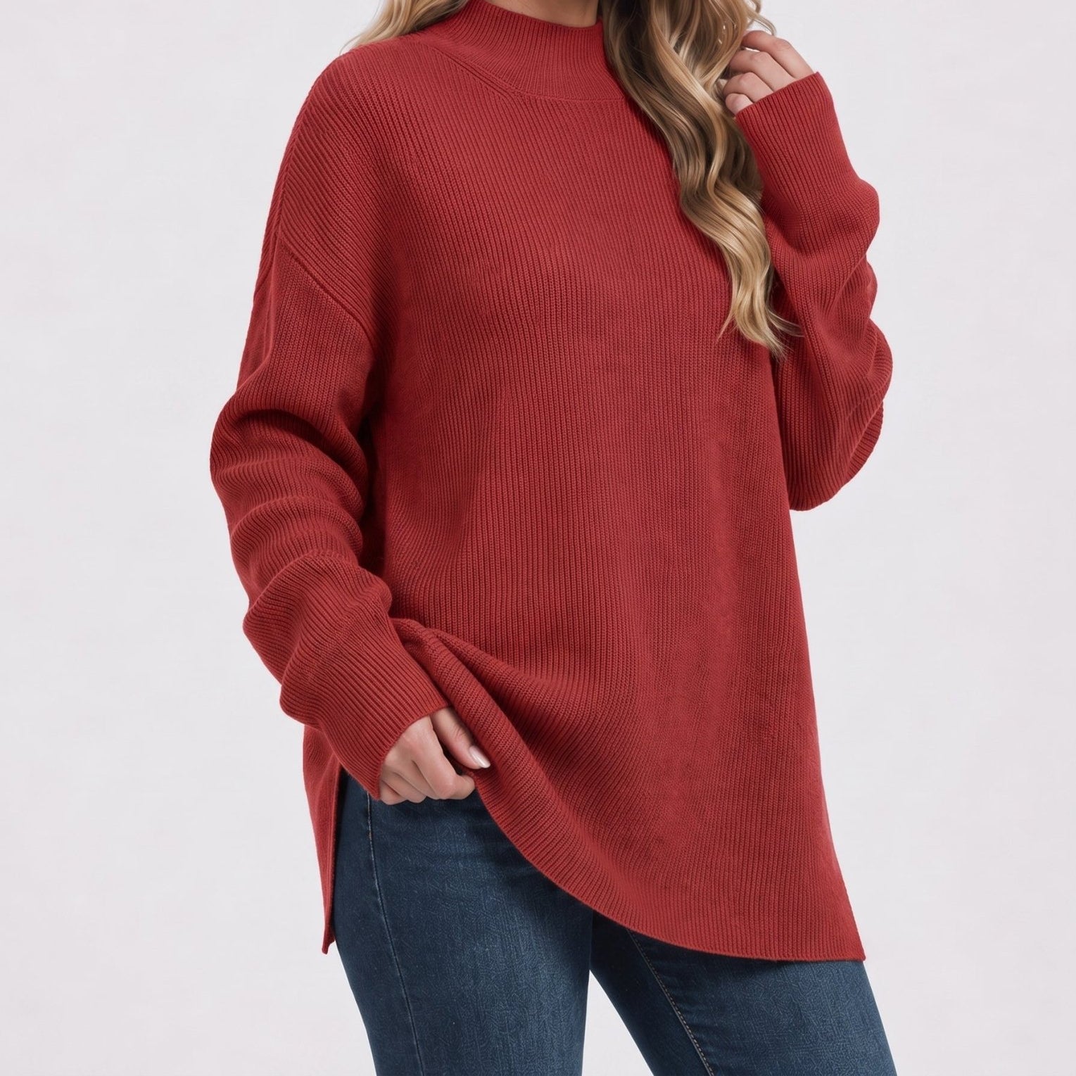 YUCOLEN Women's Oversized Ribbed Knit Turtleneck Pullover with Side Slit in Wine Red