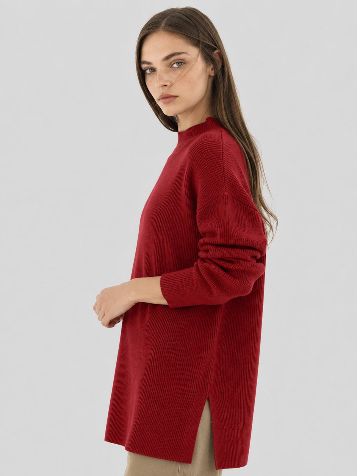YUCOLEN Women's Oversized Ribbed Knit Turtleneck Pullover with Side Slit in Wine Red