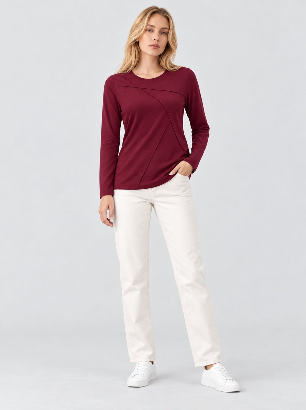 YUCOLEN Womens Pleated Crew Neck Long Sleeve Casual Stretch Top in Wine Red
