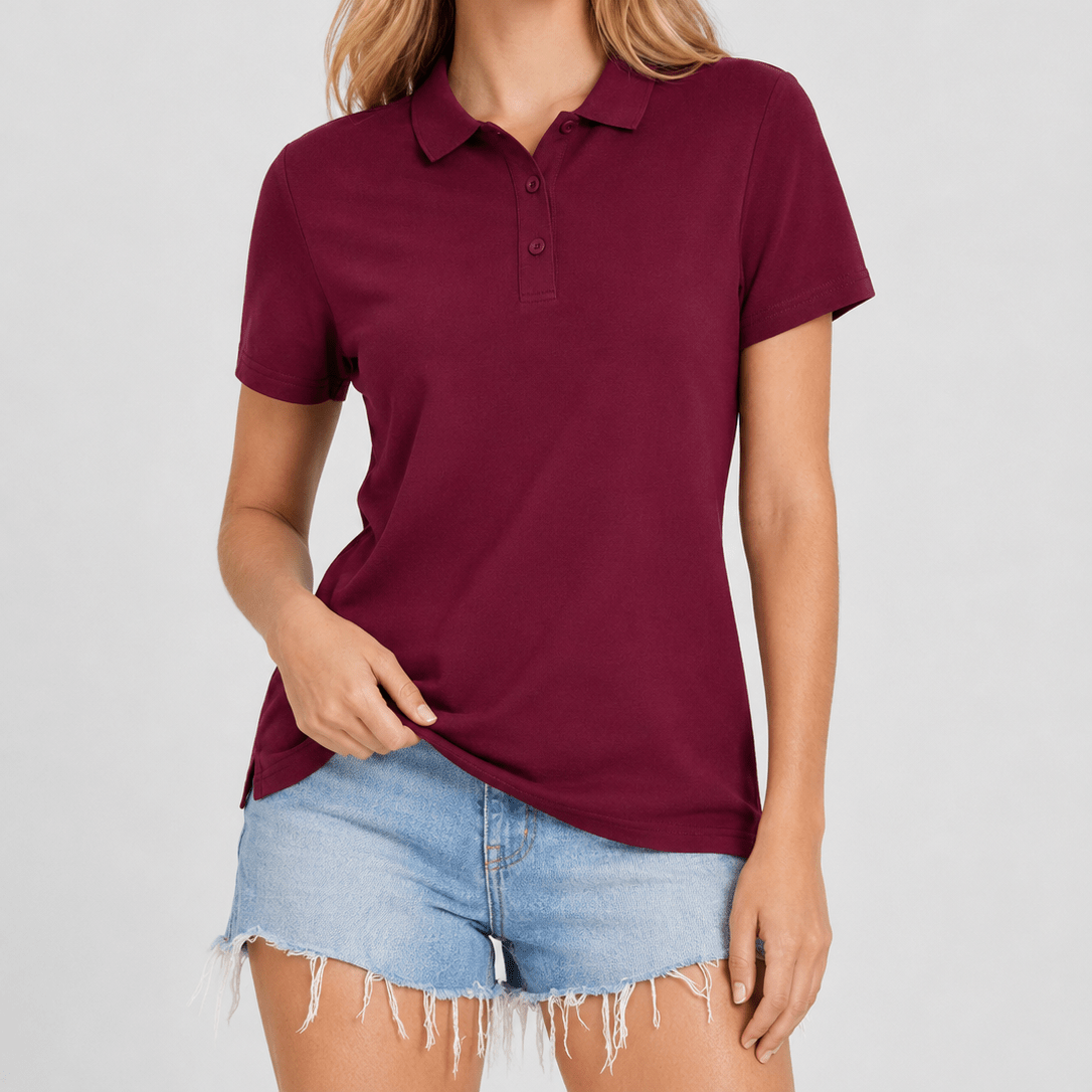 YUCOLEN Women's Short Sleeve Cotton Polo Shirt Breathable 3-Button Collared Top in Wine Red