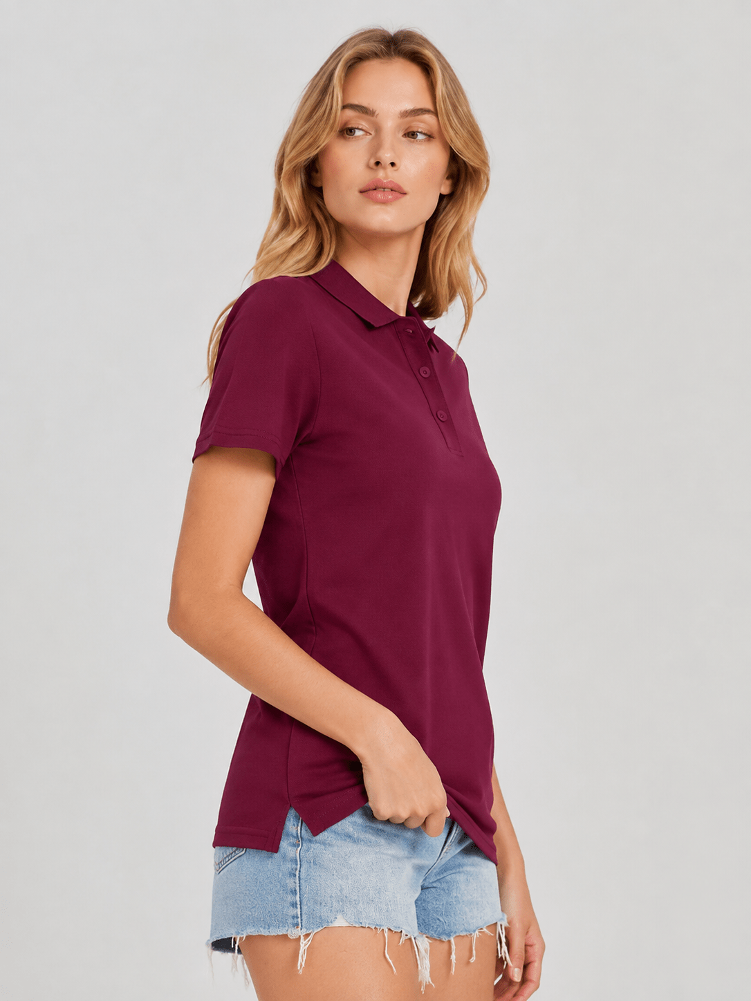YUCOLEN Women's Short Sleeve Cotton Polo Shirt Breathable 3-Button Collared Top in Wine Red