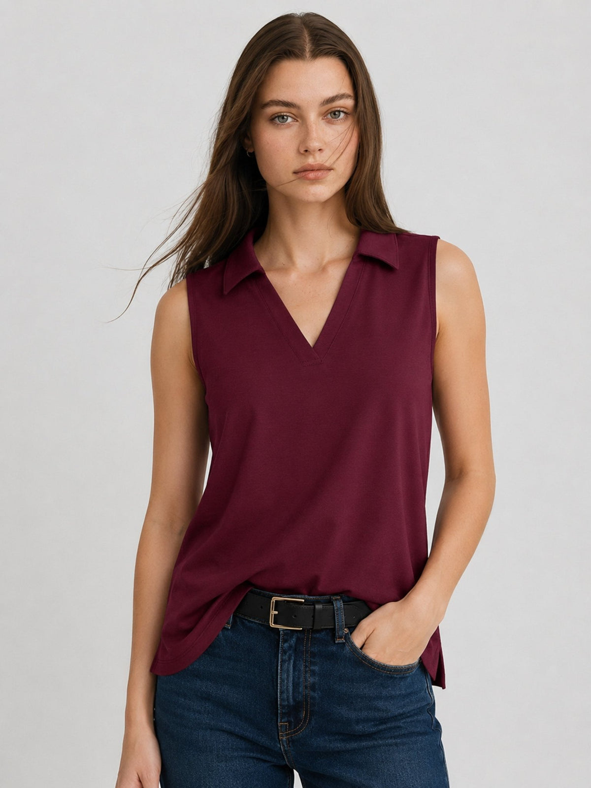 YUCOLEN Women's Sleeveless Golf Polo Shirt UPF 50+ V Neck Side Slit Sun Protection Top in Wine Red