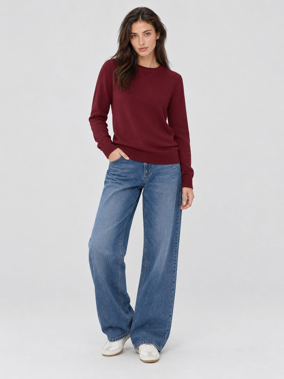 YUCOLEN Women's Soft Wool Blend Lightweight Crewneck Pullover Sweater in Wine Red