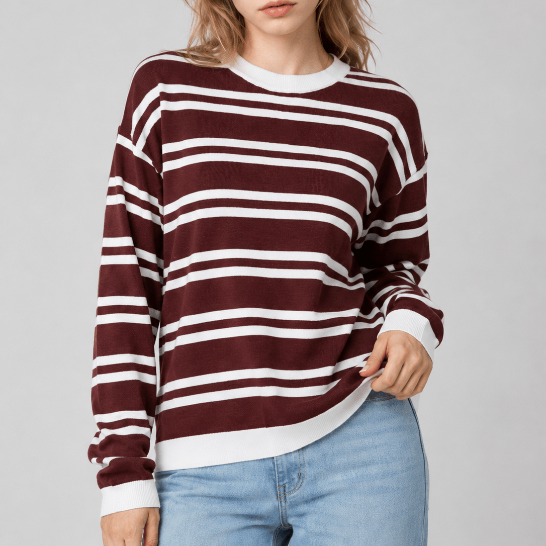 YUCOLEN Women's Striped Crewneck Sweater Soft Knit Casual Loose Fit Pullover for Fall Winter in Wine