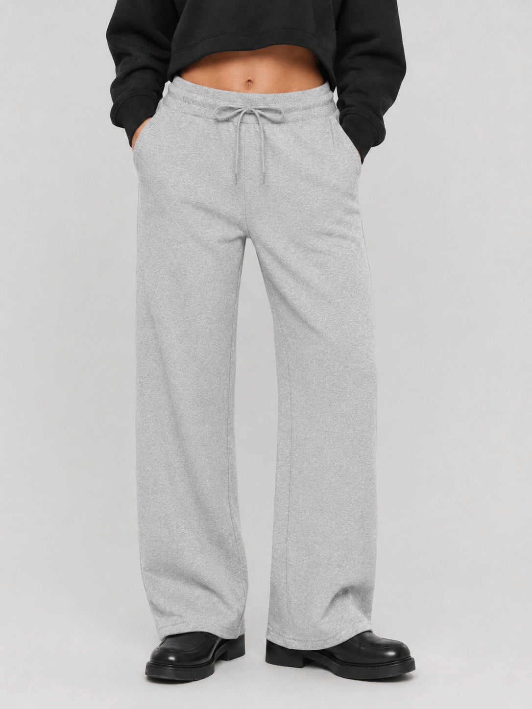 YUCOLEN Women's Sherpa Lined Wide Leg Pants 370G Thermal Fleece Sweatpants in Light Gray