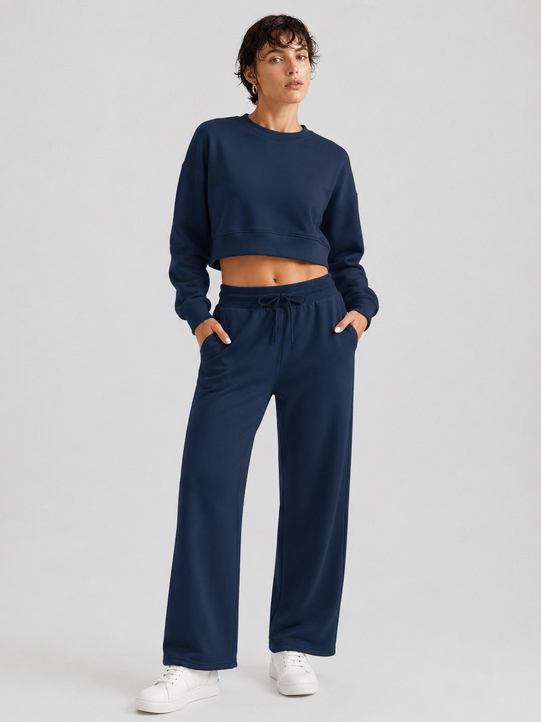 YUCOLEN Women's Sherpa Lined Wide Leg Pants 370G Thermal Fleece Sweatpants in Navy