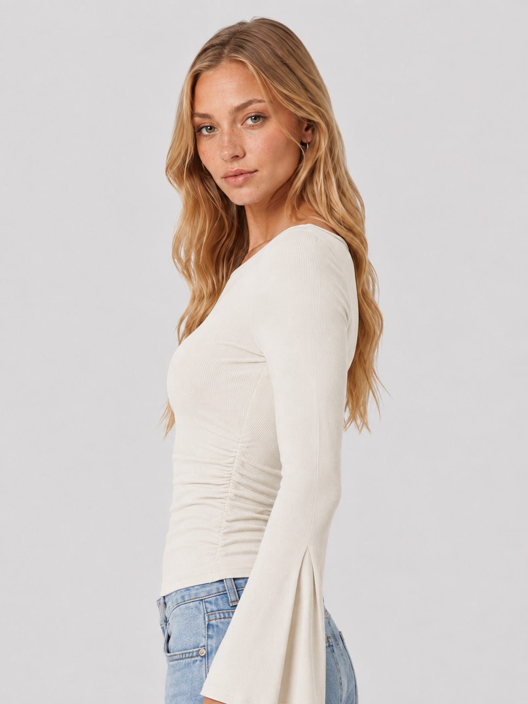 YUCOLEN Women's Bell Long Sleeve Boat Neck Ribbed Ruched Top Slim Fit Y2K Fall Blouse in White