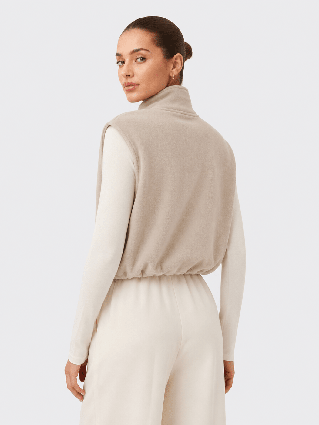 YUCOLEN Women‘s Full Zip Polar Fleece Cropped Vest Lightweight Stand Collar Sleeveless Jacket with Drawstring Hem in Khaki