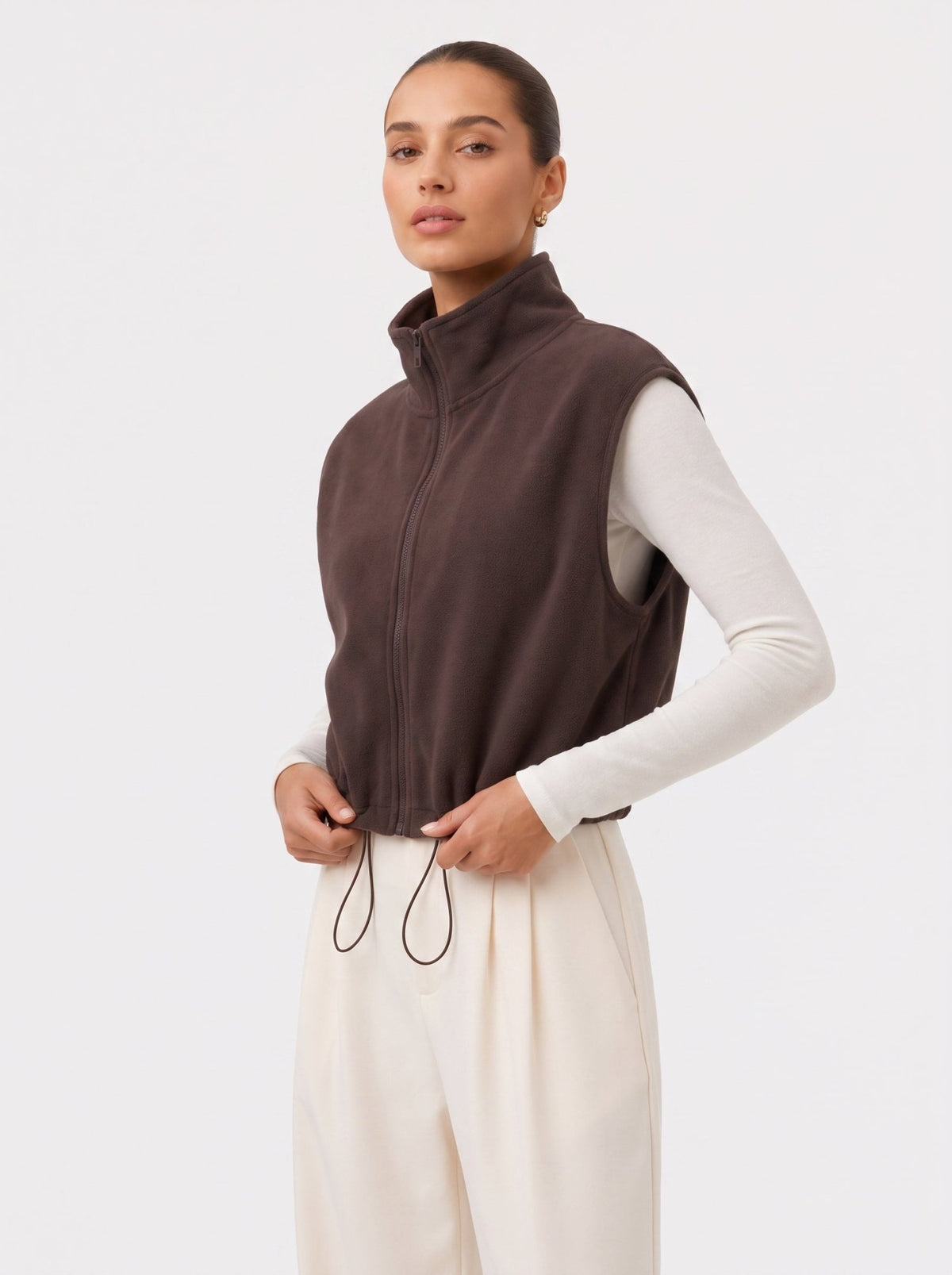 YUCOLEN Women‘s Full Zip Polar Fleece Cropped Vest Lightweight Stand Collar Sleeveless Jacket with Drawstring Hem in Brown