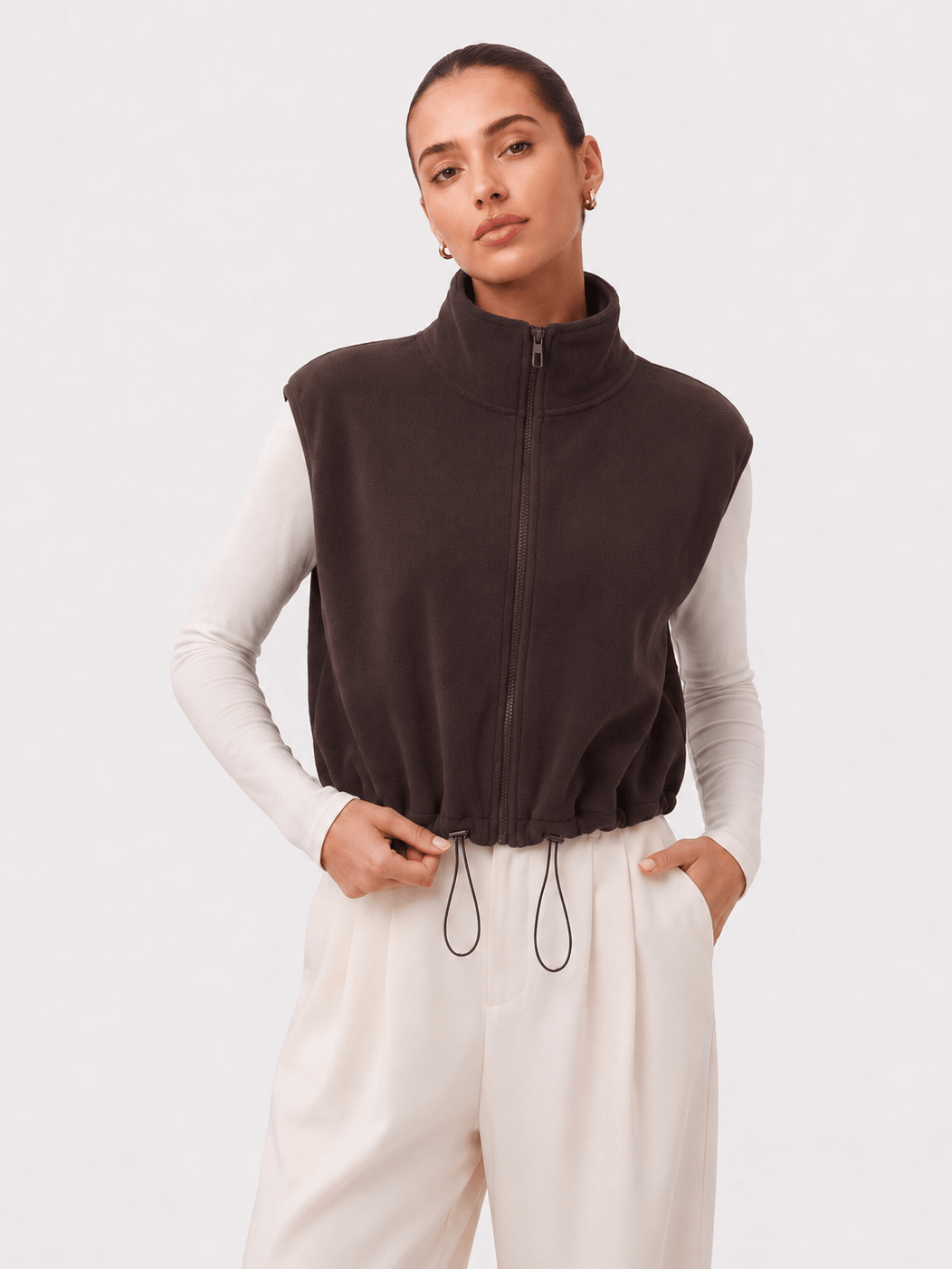 YUCOLEN Women‘s Full Zip Polar Fleece Cropped Vest Lightweight Stand Collar Sleeveless Jacket with Drawstring Hem in Khaki