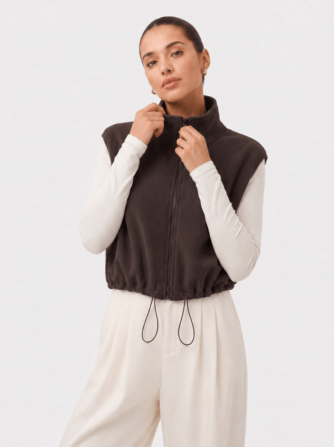 YUCOLEN Women‘s Full Zip Polar Fleece Cropped Vest Lightweight Stand Collar Sleeveless Jacket with Drawstring Hem in Brown