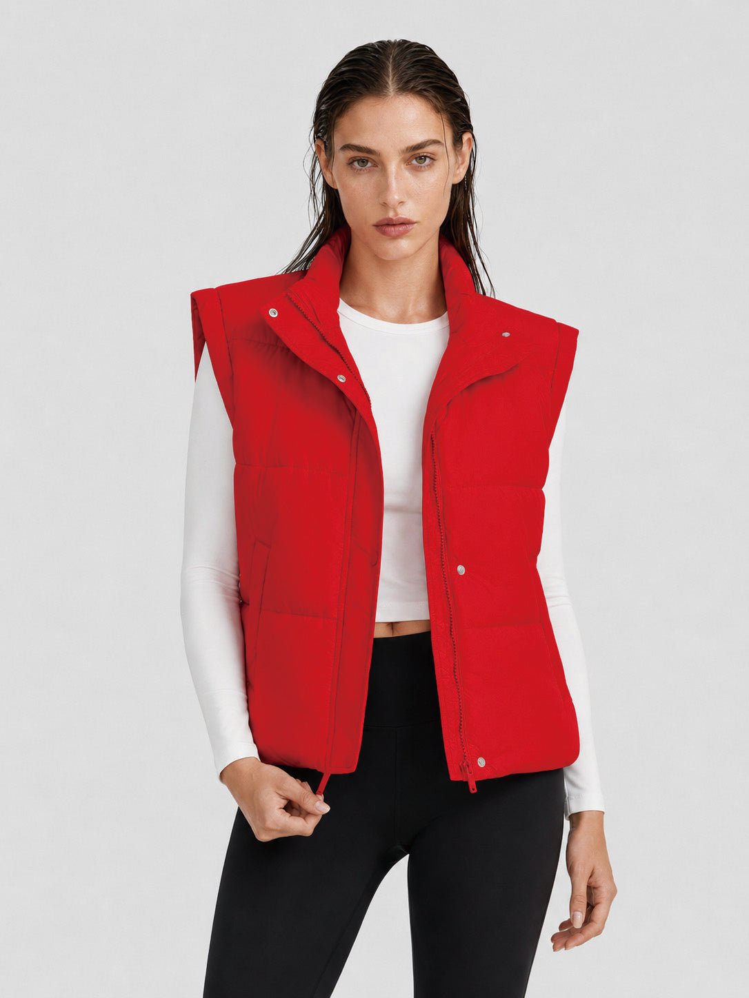YUCOLEN Women's Cropped Puffer Vest Lightweight Windproof Insulated Gilet with Pockets in Tomato Red