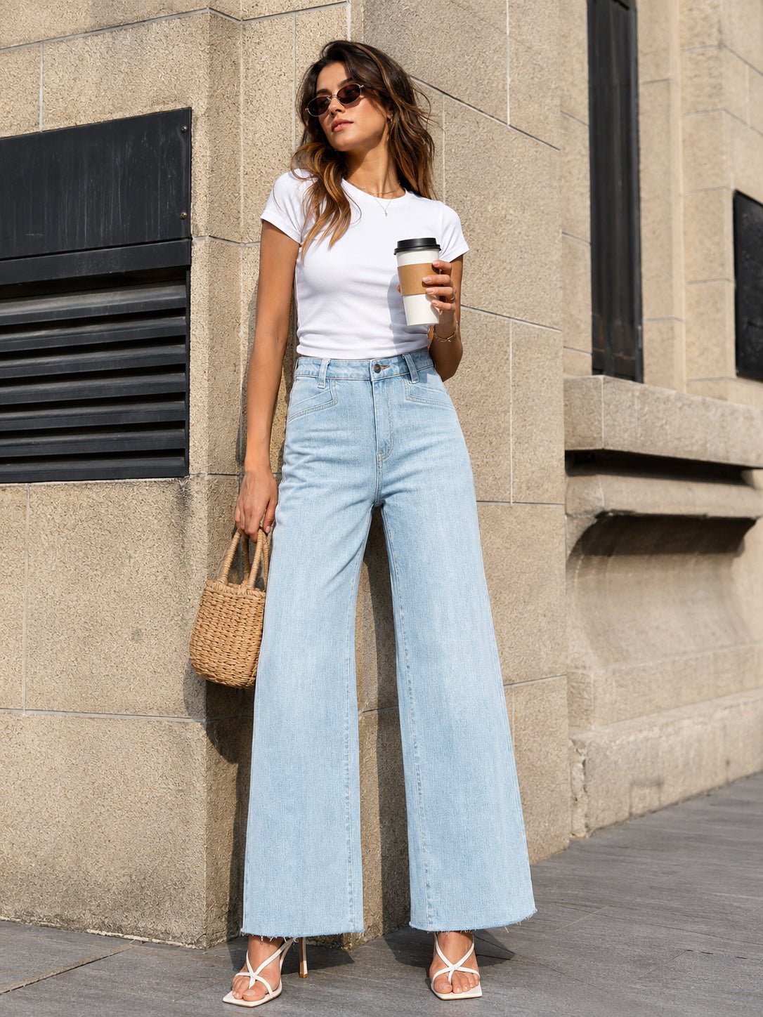 YUCOLEN Women's High Waisted Wide Leg Jeans Stretchy Vintage Loose Denim Pants in Light Blue