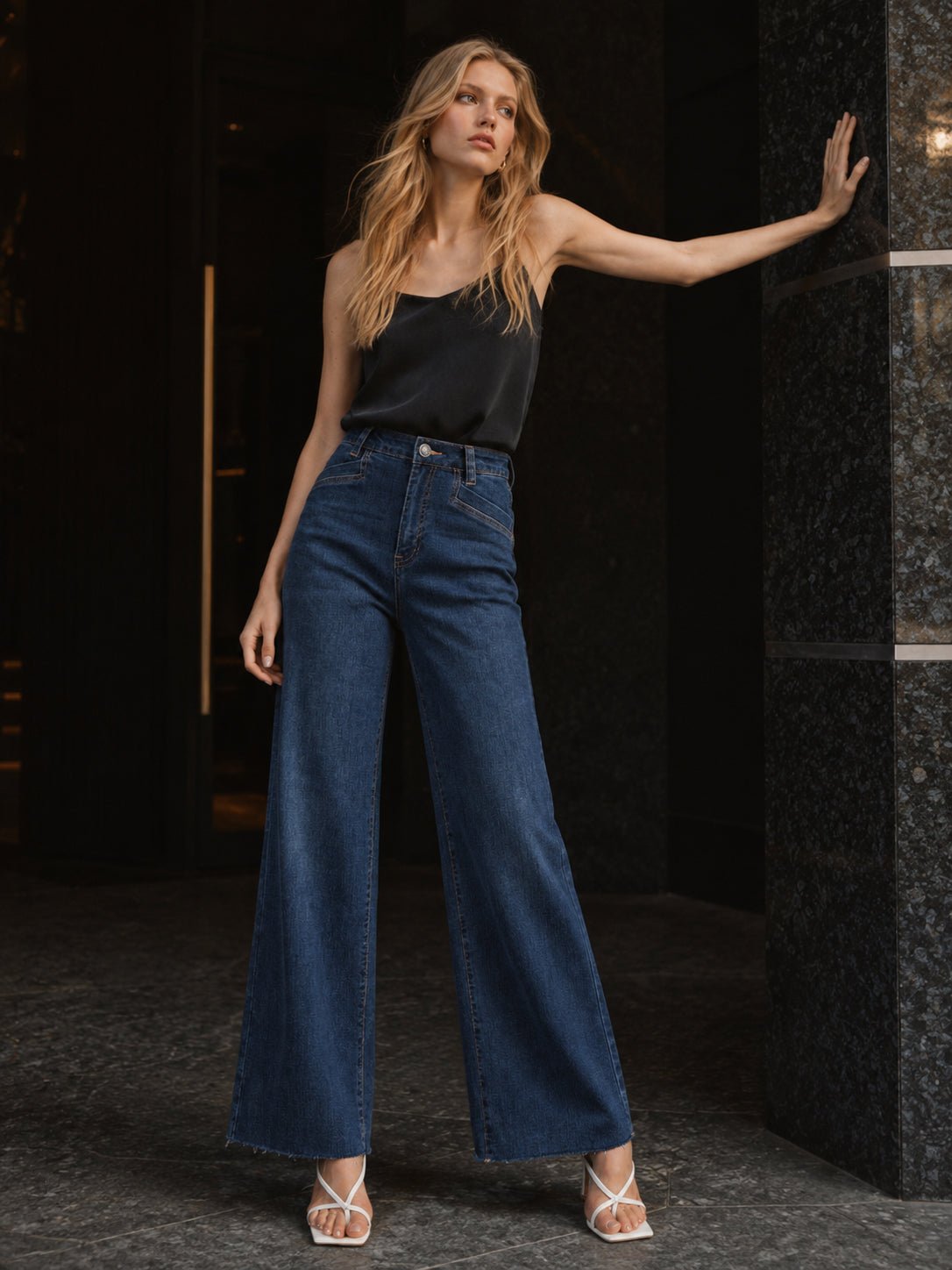 YUCOLEN Women's High Waisted Wide Leg Jeans Stretchy Vintage Loose Denim Pants in Dark Blue