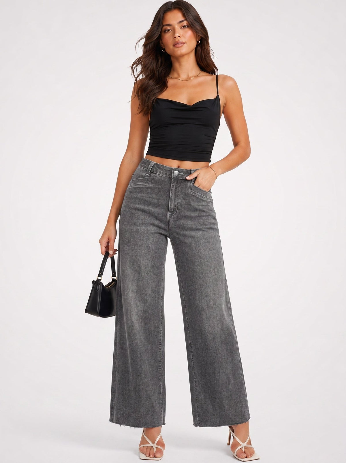 YUCOLEN Women's High Waisted Wide Leg Jeans Stretchy Vintage Loose Denim Pants in Gray