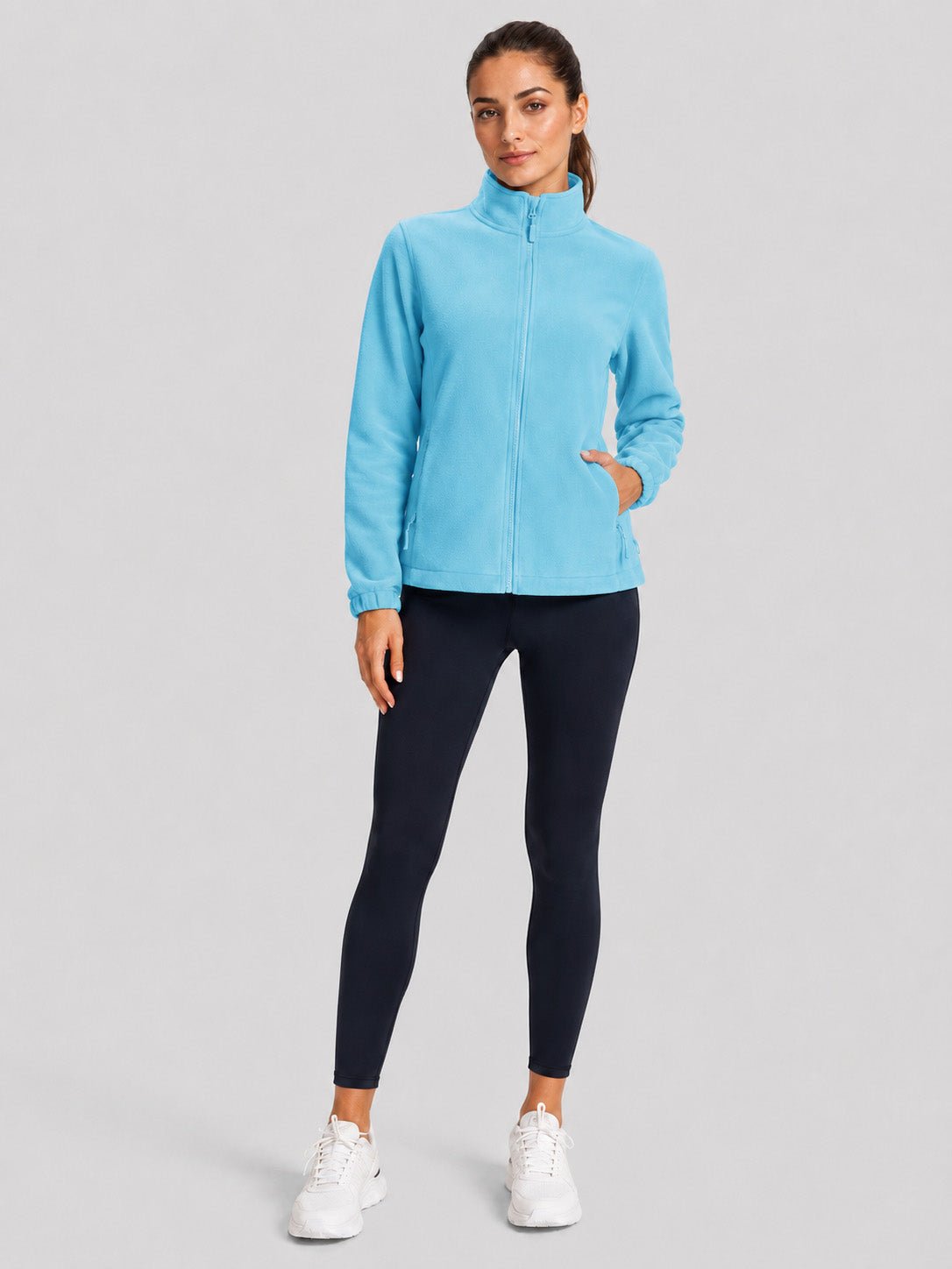 YUCOLEN Women's Lightweight Full Zip Fleece Jacket Windproof Stand Collar Outdoor Sweatshirt in Ocean Blue