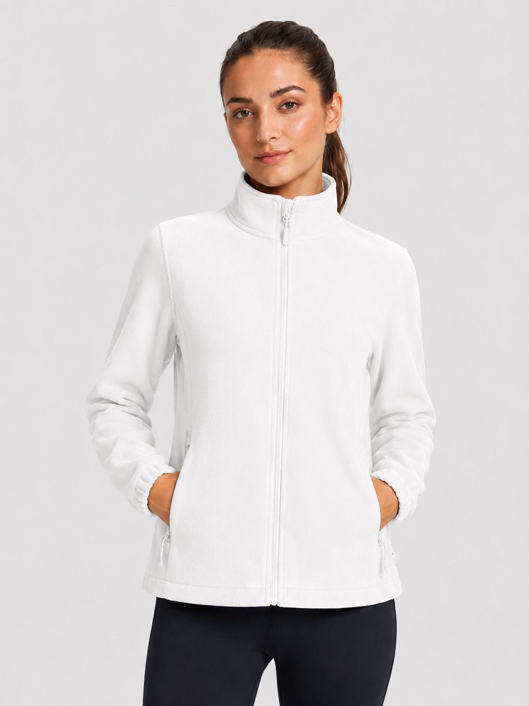 YUCOLEN Women's Lightweight Full Zip Fleece Jacket Windproof Stand Collar Outdoor Sweatshirt in White
