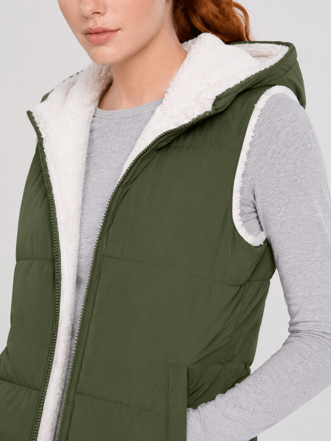 YUCOLEN Women's Reversible Puffer Fleece Lined Hooded Vest in Army Green