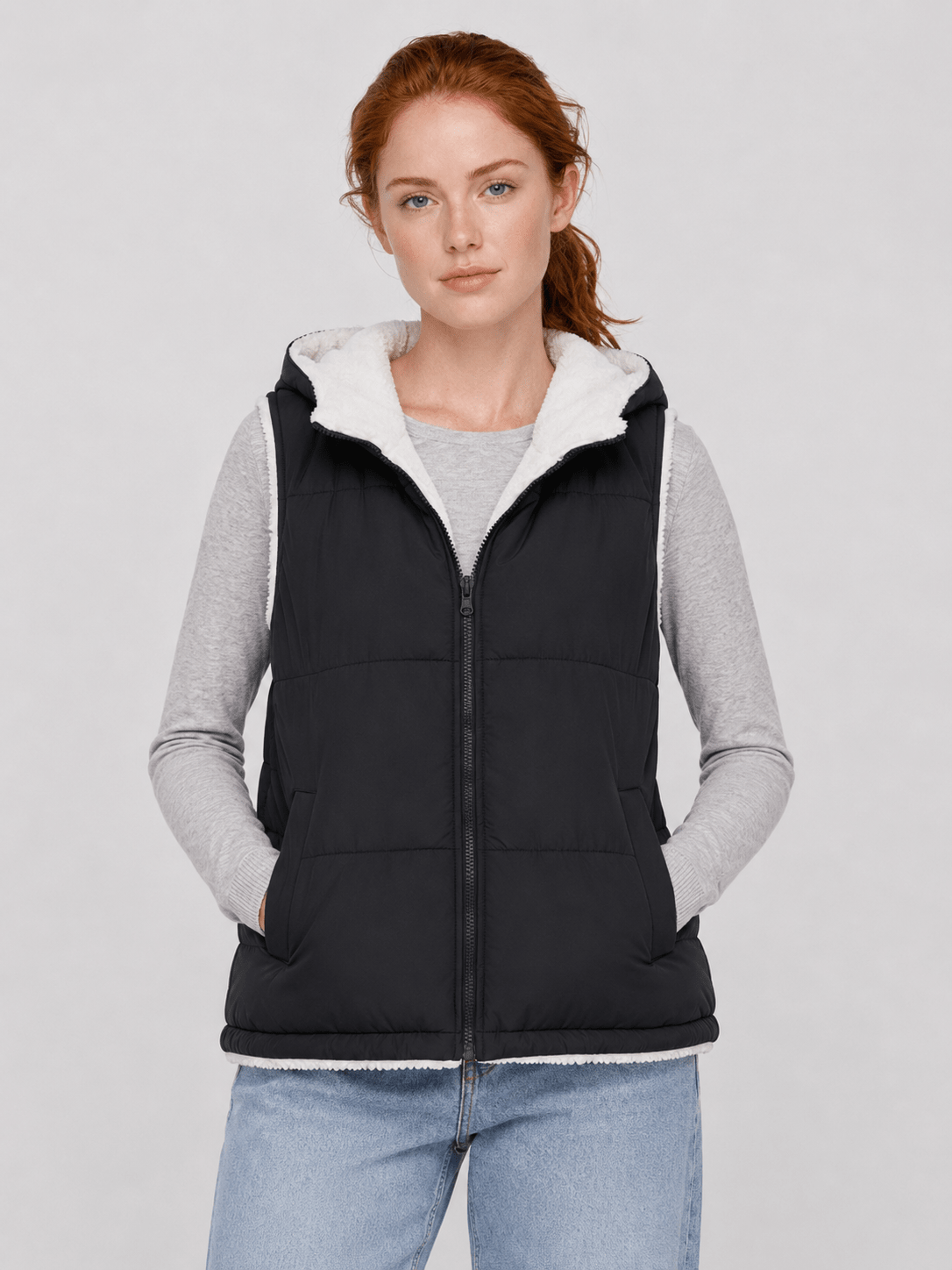 YUCOLEN Women's Reversible Puffer Fleece Lined Hooded Vest in Black