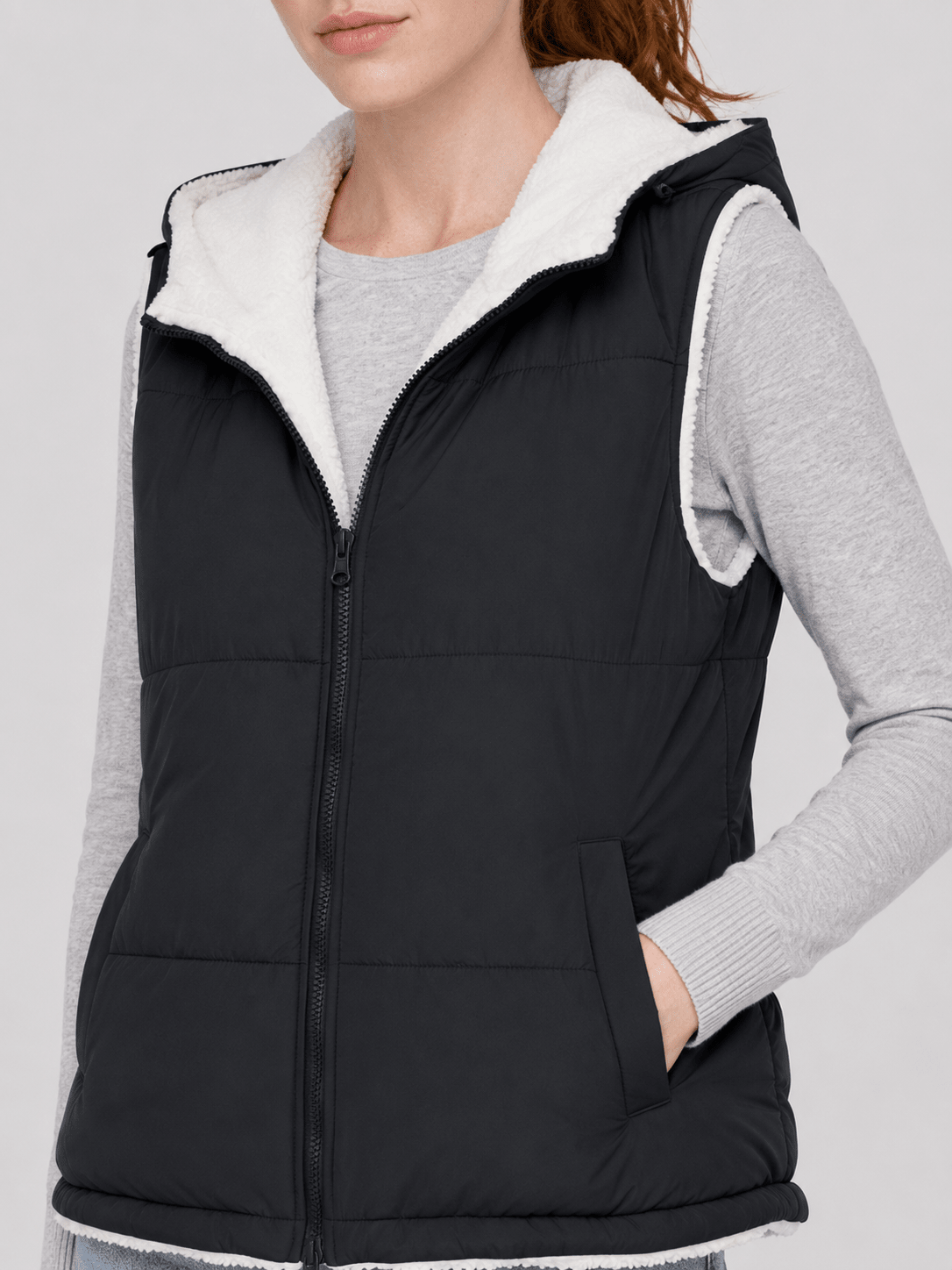 YUCOLEN Women's Reversible Puffer Fleece Lined Hooded Vest in Black