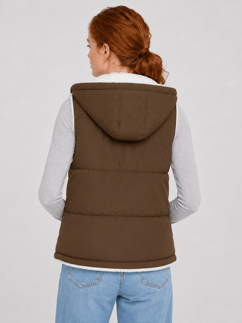 YUCOLEN Women's Reversible Puffer Fleece Lined Hooded Vest in Coffee
