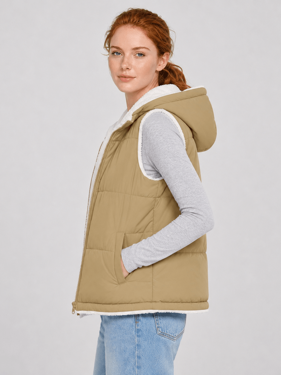 YUCOLEN Women's Reversible Puffer Fleece Lined Hooded Vest in Khaki