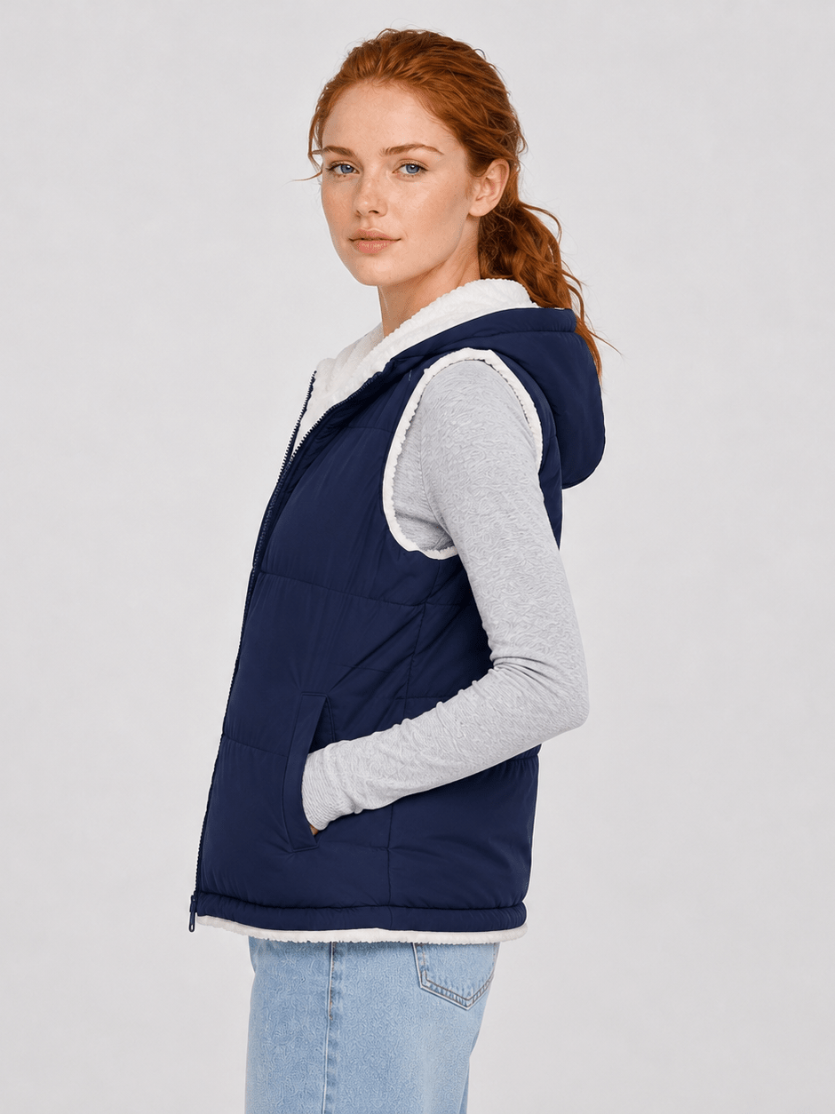 YUCOLEN Women's Reversible Puffer Fleece Lined Hooded Vest in Navy