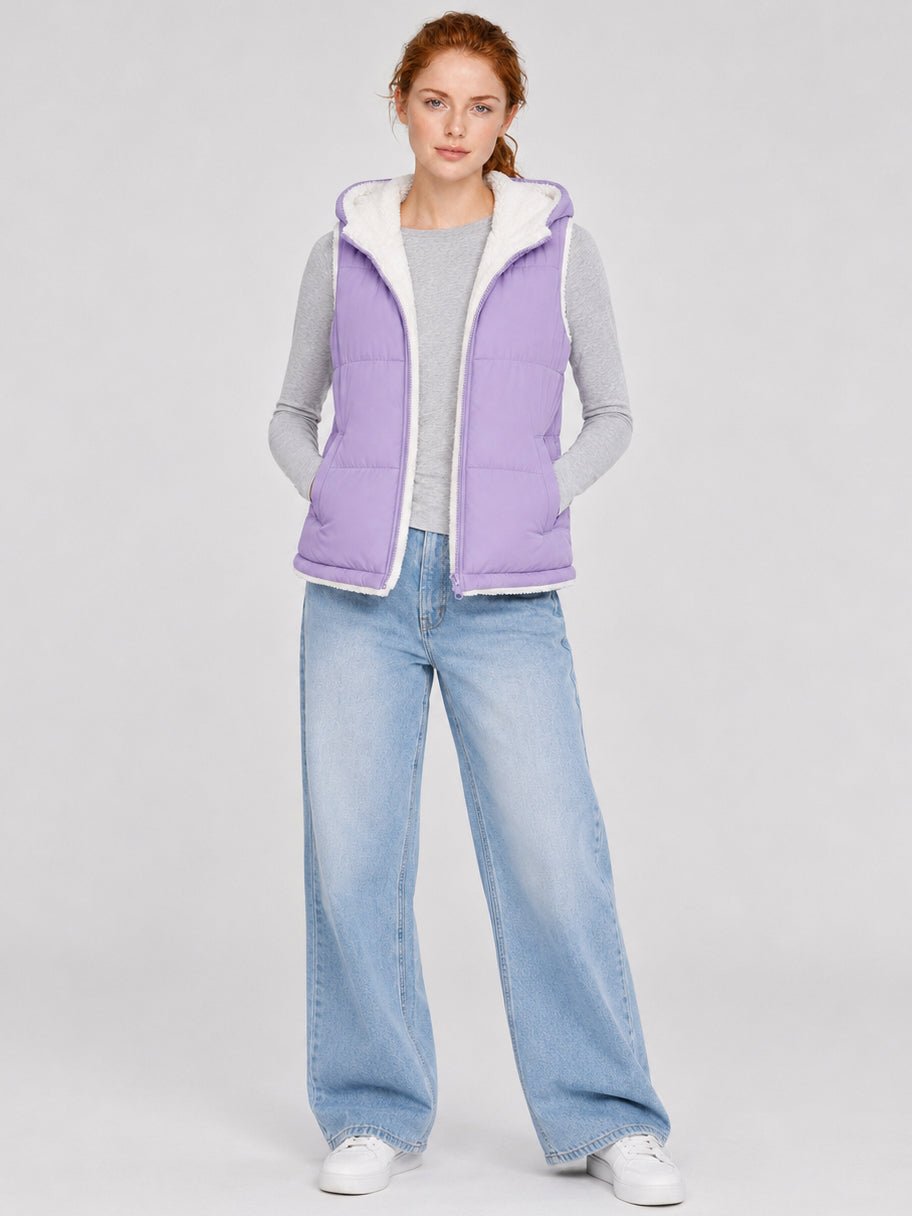 YUCOLEN Women's Reversible Puffer Fleece Lined Hooded Vest in Taro Purple
