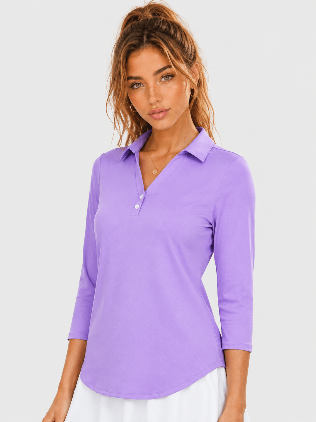 YUCOLEN Women's 3/4 Sleeve Polo Shirt UPF 50+ Sun Protection V Neck Golf Top in Light Purple