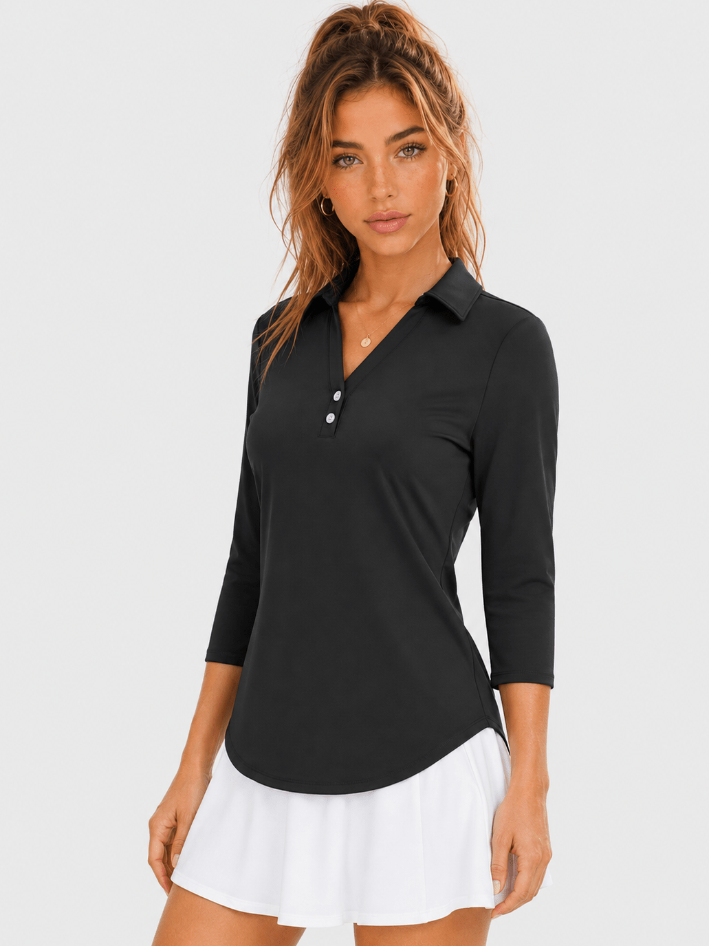 YUCOLEN Women's 3/4 Sleeve Polo Shirt UPF 50+ Sun Protection V Neck Golf Top in Black