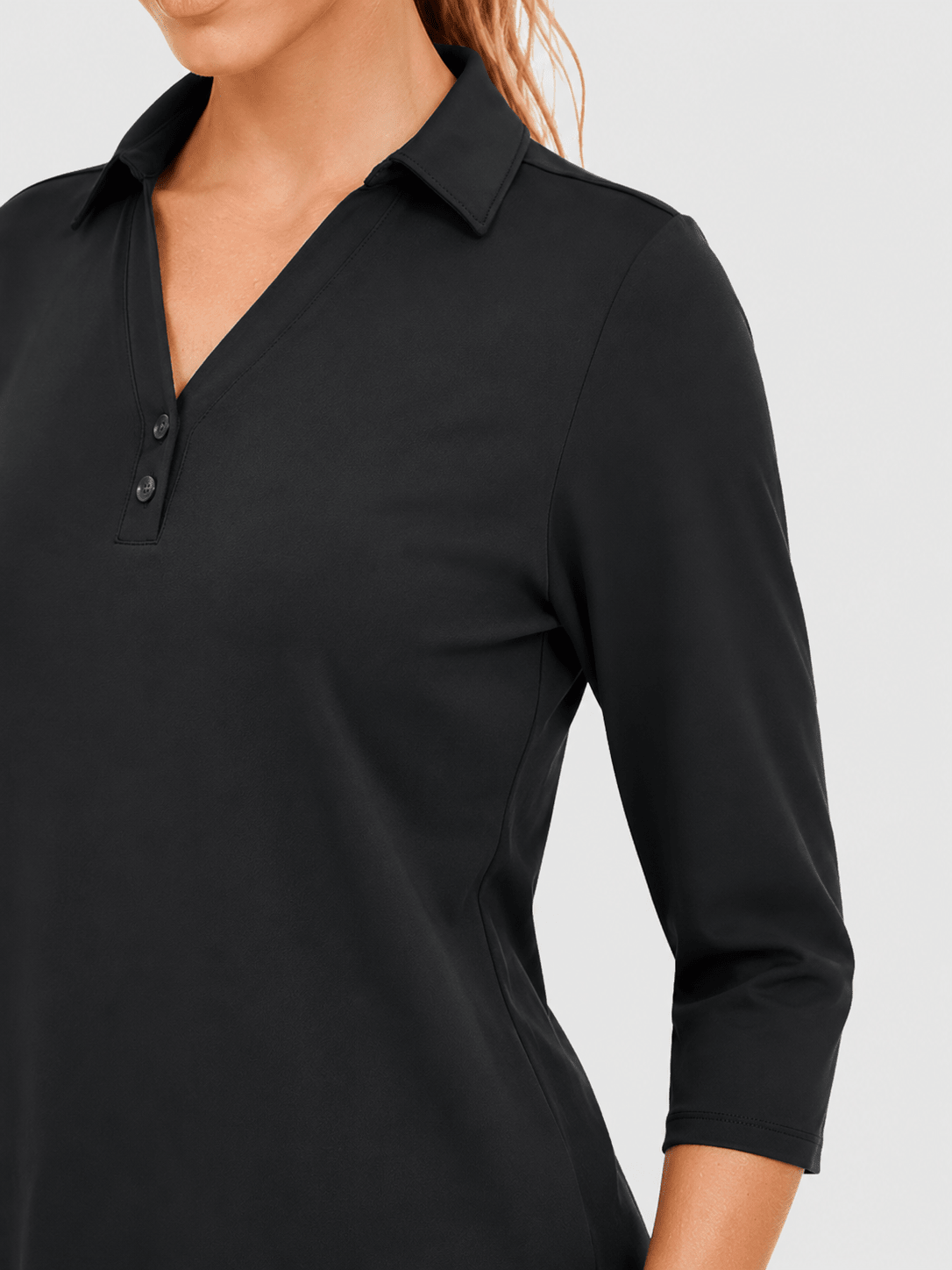 YUCOLEN Women's 3/4 Sleeve Polo Shirt UPF 50+ Sun Protection V Neck Golf Top in Black