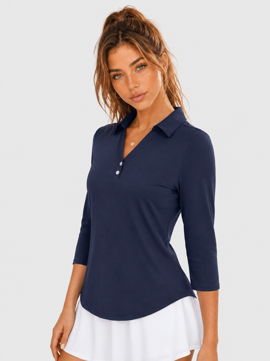 YUCOLEN Women's 3/4 Sleeve Polo Shirt UPF 50+ Sun Protection V Neck Golf Top in Navy
