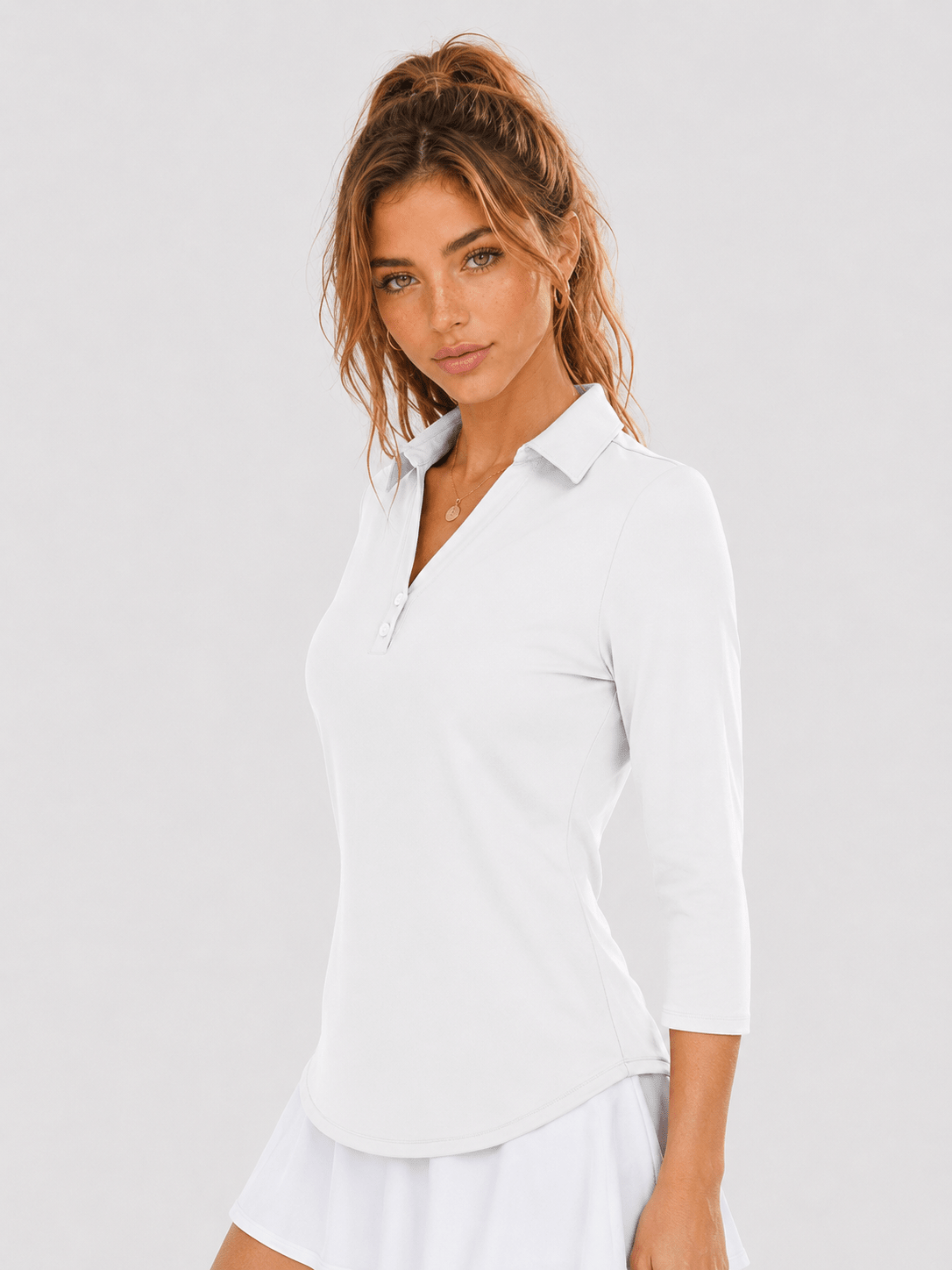 YUCOLEN Women's 3/4 Sleeve Polo Shirt UPF 50+ Sun Protection V Neck Golf Top in White