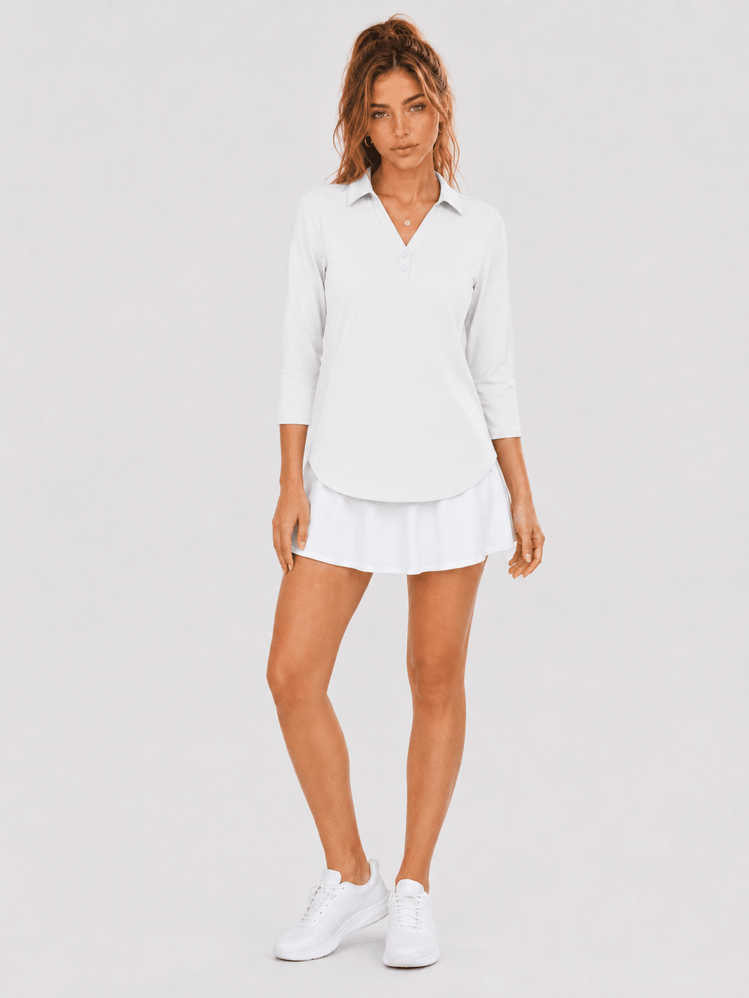 YUCOLEN Women's 3/4 Sleeve Polo Shirt UPF 50+ Sun Protection V Neck Golf Top in White