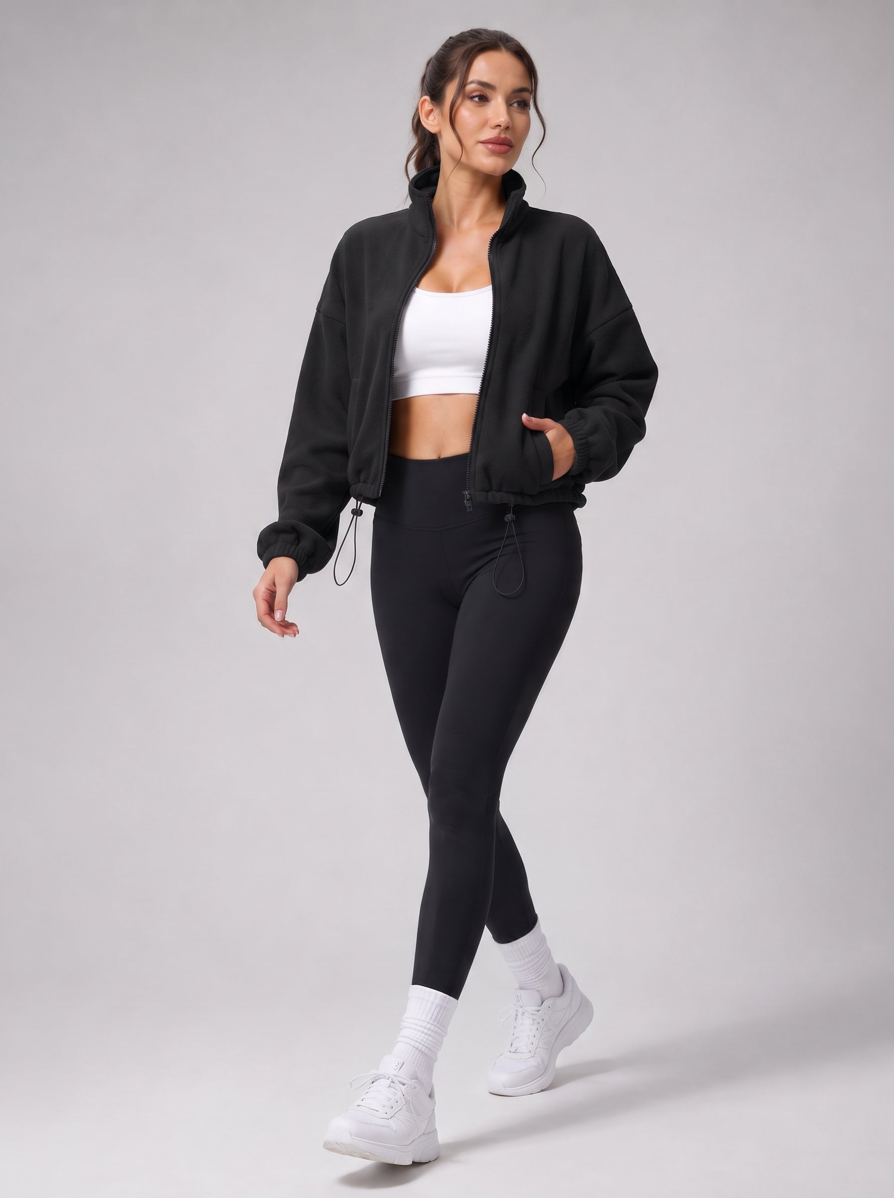Women's Cropped Fleece Jacket Full Zip Lightweight Workout Coat - YUCOLEN