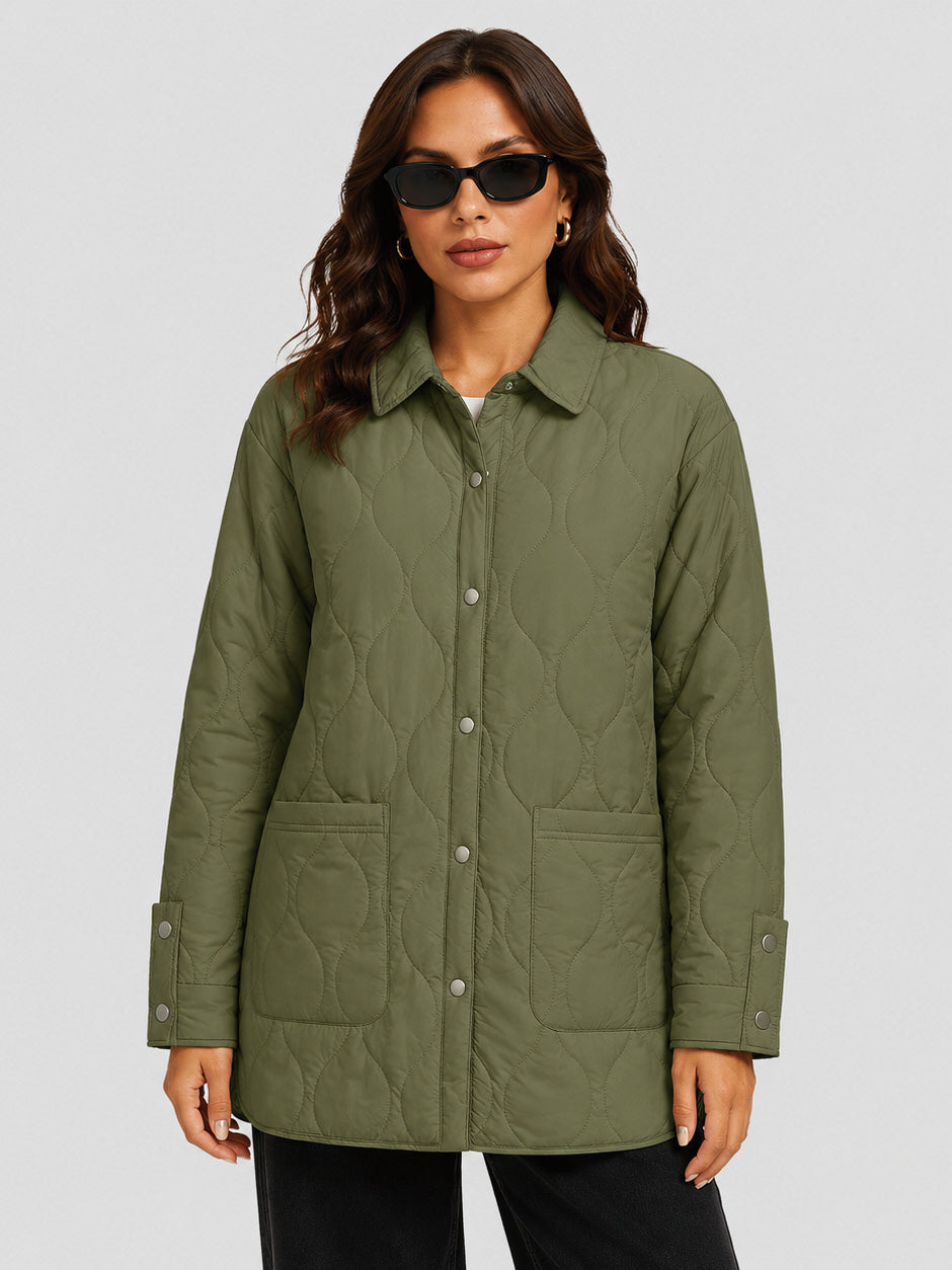 Women's Water Ripple Quilted Shacket Lightweight Button Down Coat with Pockets