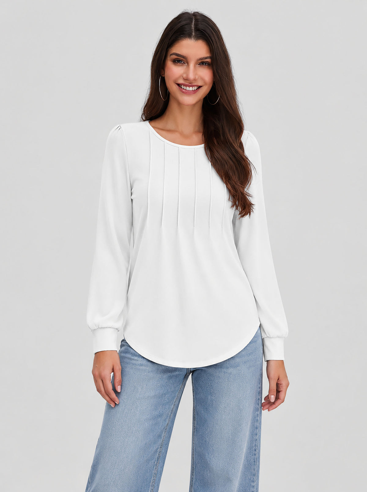 Womens Pleated Puff Sleeve Crew Neck Long Sleeve Tunic Top